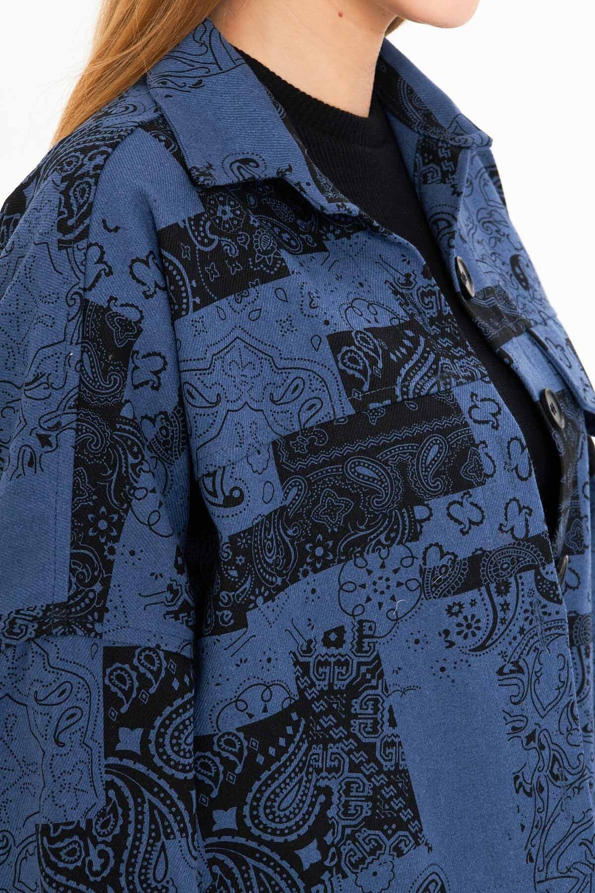 Woman Dark Blue Patterned Pocket Detail Shirt Jacket ARM-25K001071