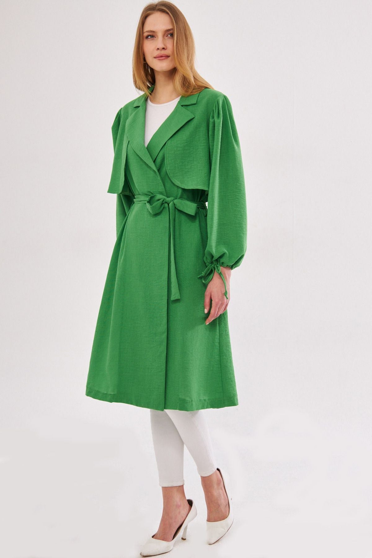 Female Green Ennea Trench coat arms Pleated Belled Arm Mouth Lace Lace Detail Arm-24Y001030