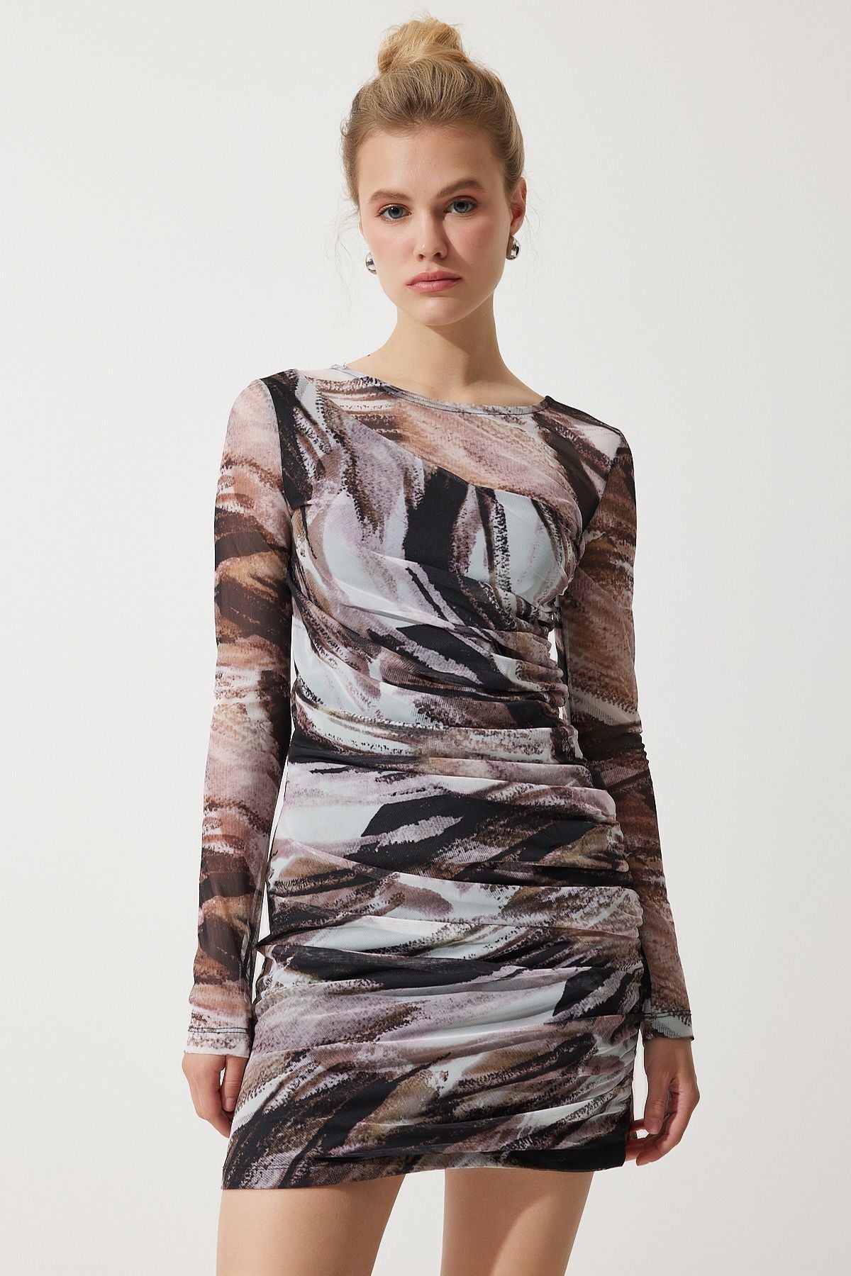 Female brown patterned shirred mini chiffon dress SF00020