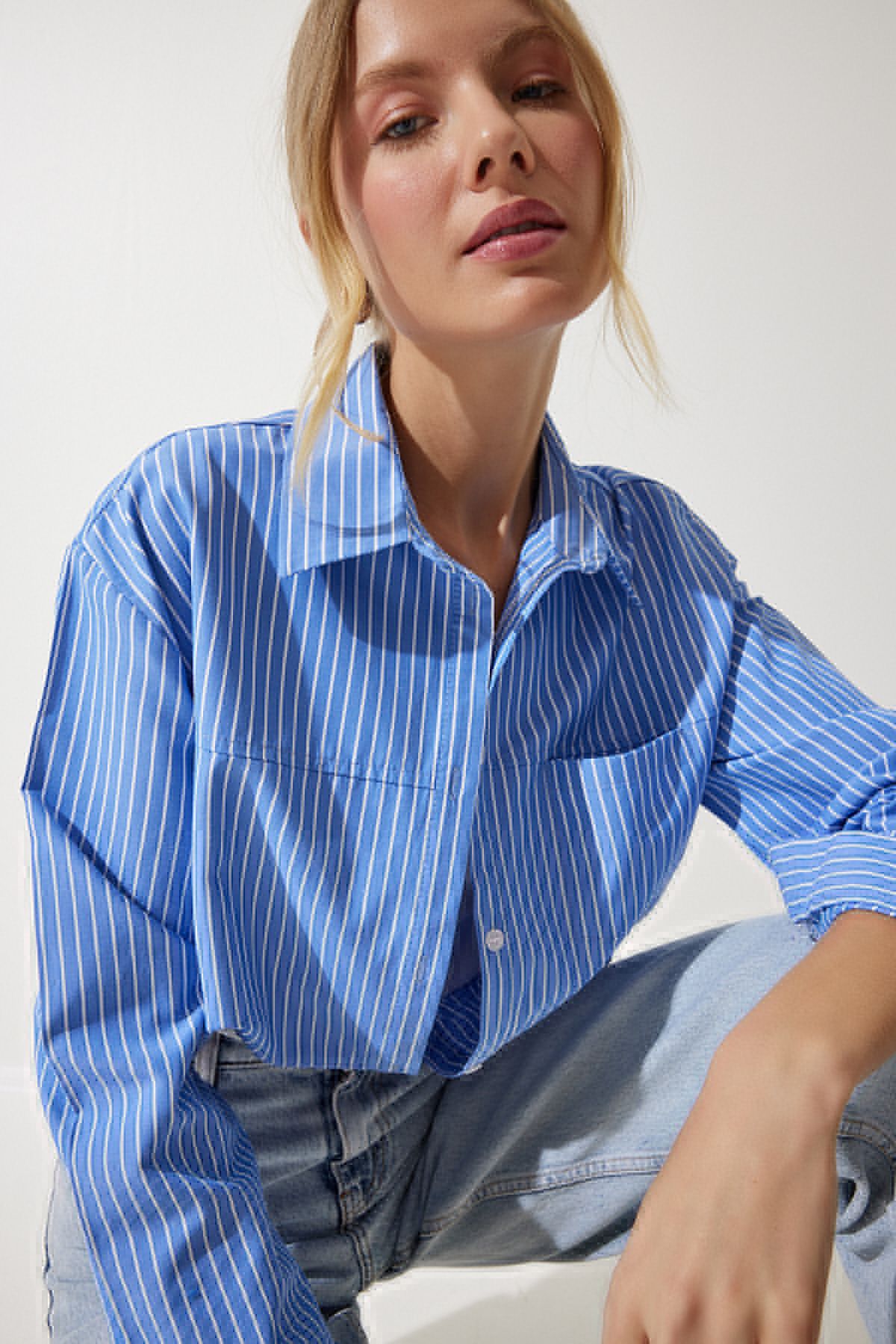 Women's Sky Blue Blouse Detail Crop Shirt RG00022