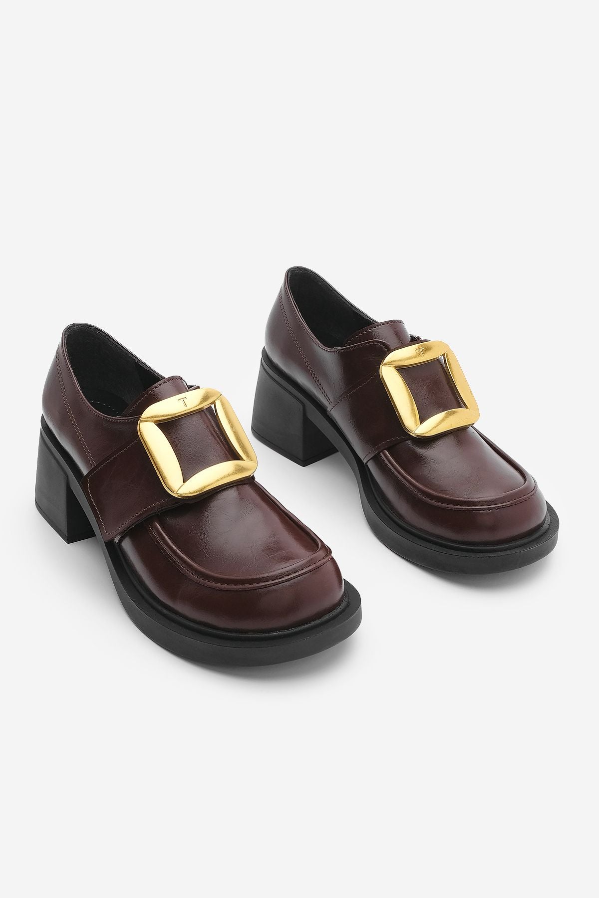 Women's buckle masculine thick heeled daily shoes dersan burgundy