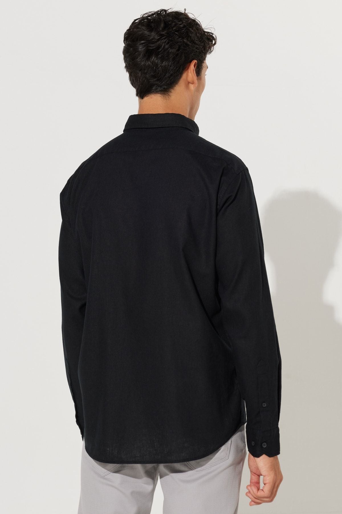 Men's black linen comfort fit comfortable cut buttoned collar shirt