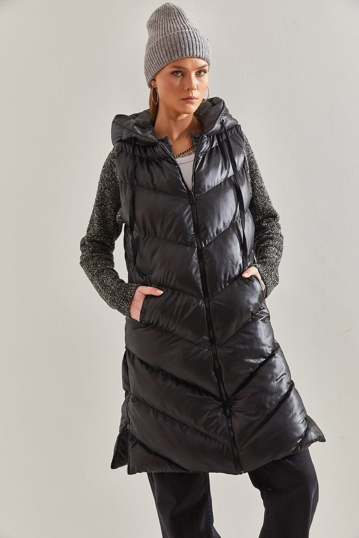 Women's sides Zippered Long Swelling Vest