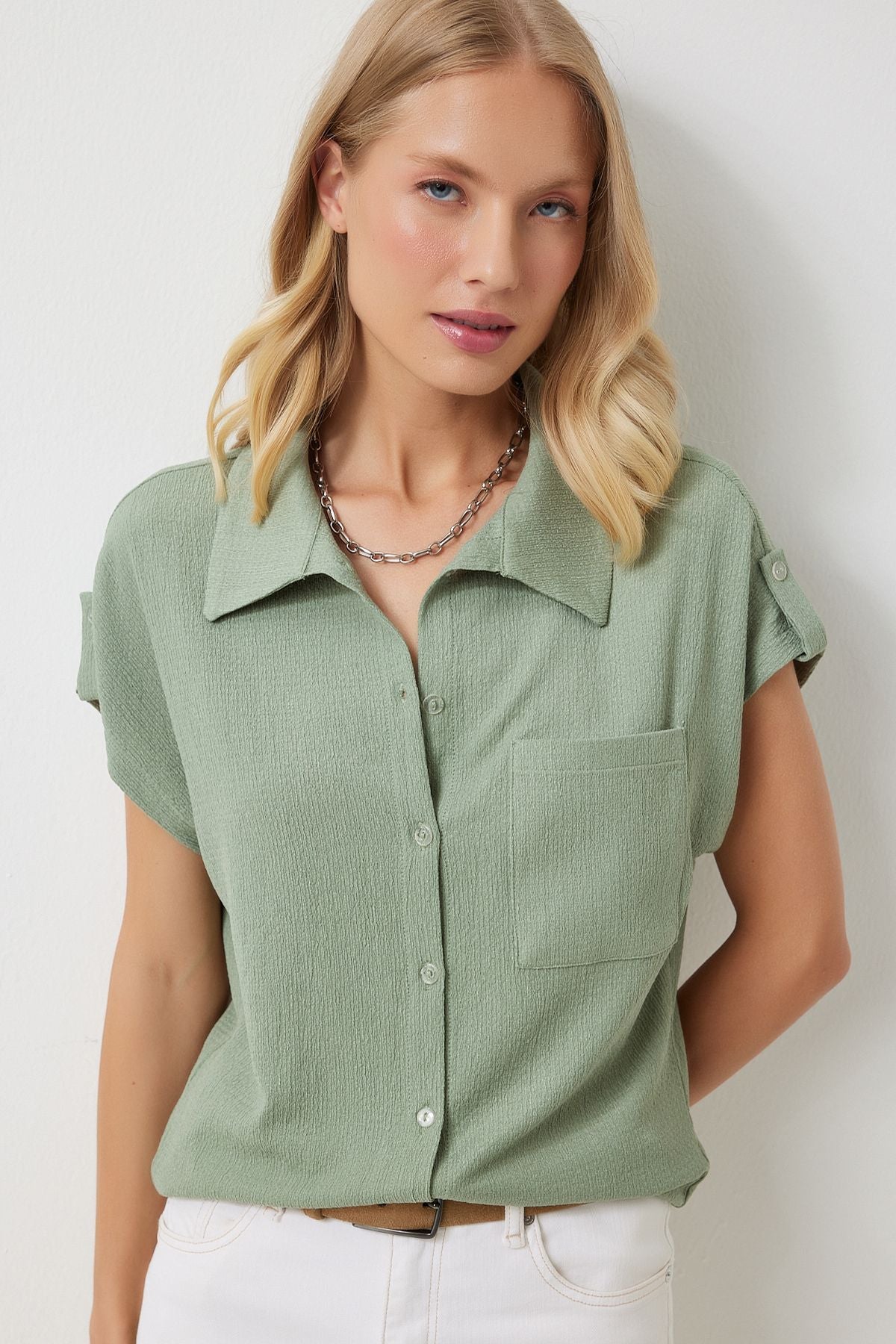 Women's Cagla Green Pocket Casual Knitting Shirt DD01325