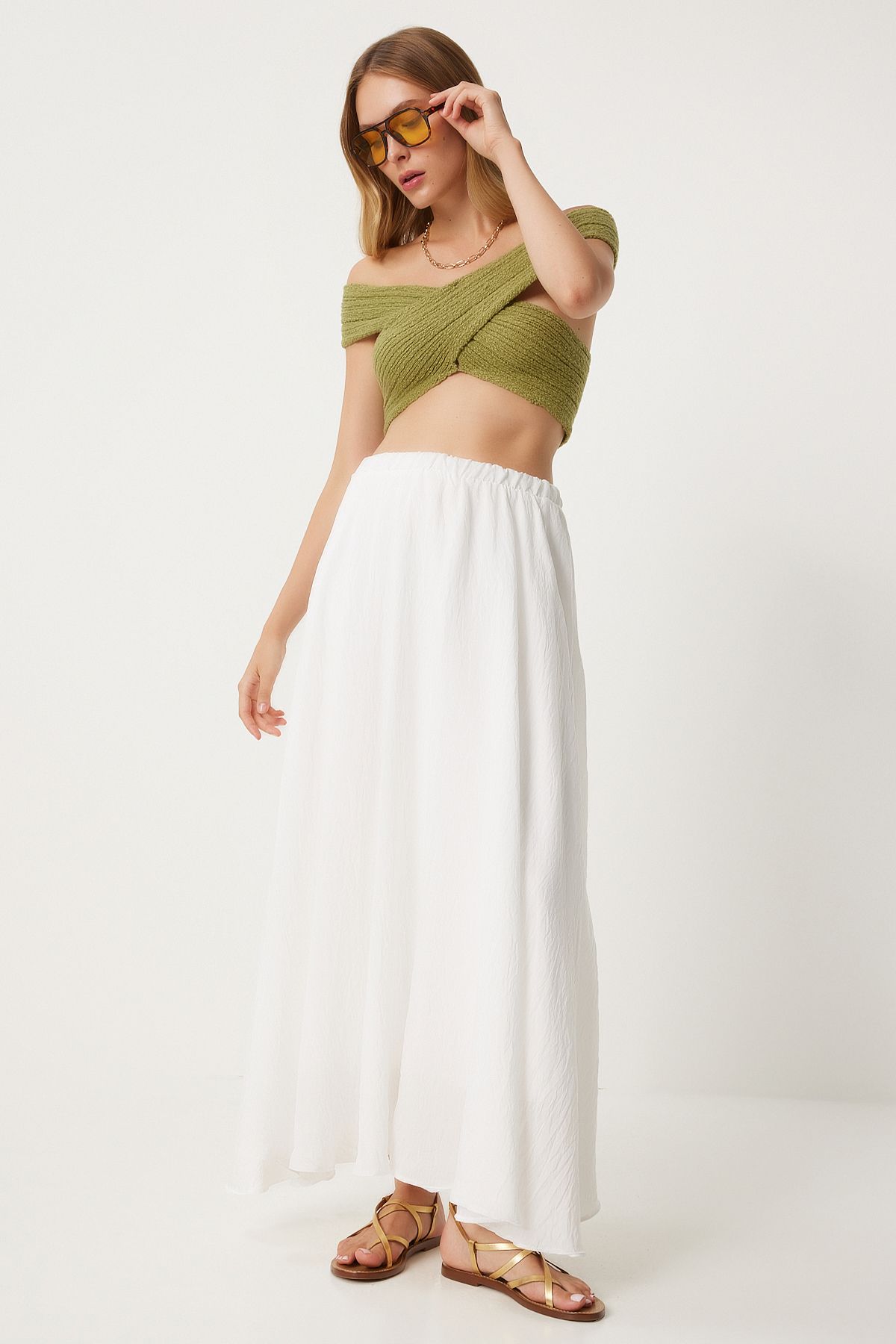 WOMEN ECRU FLY FLOCK MIXED Long Skirt DP00209
