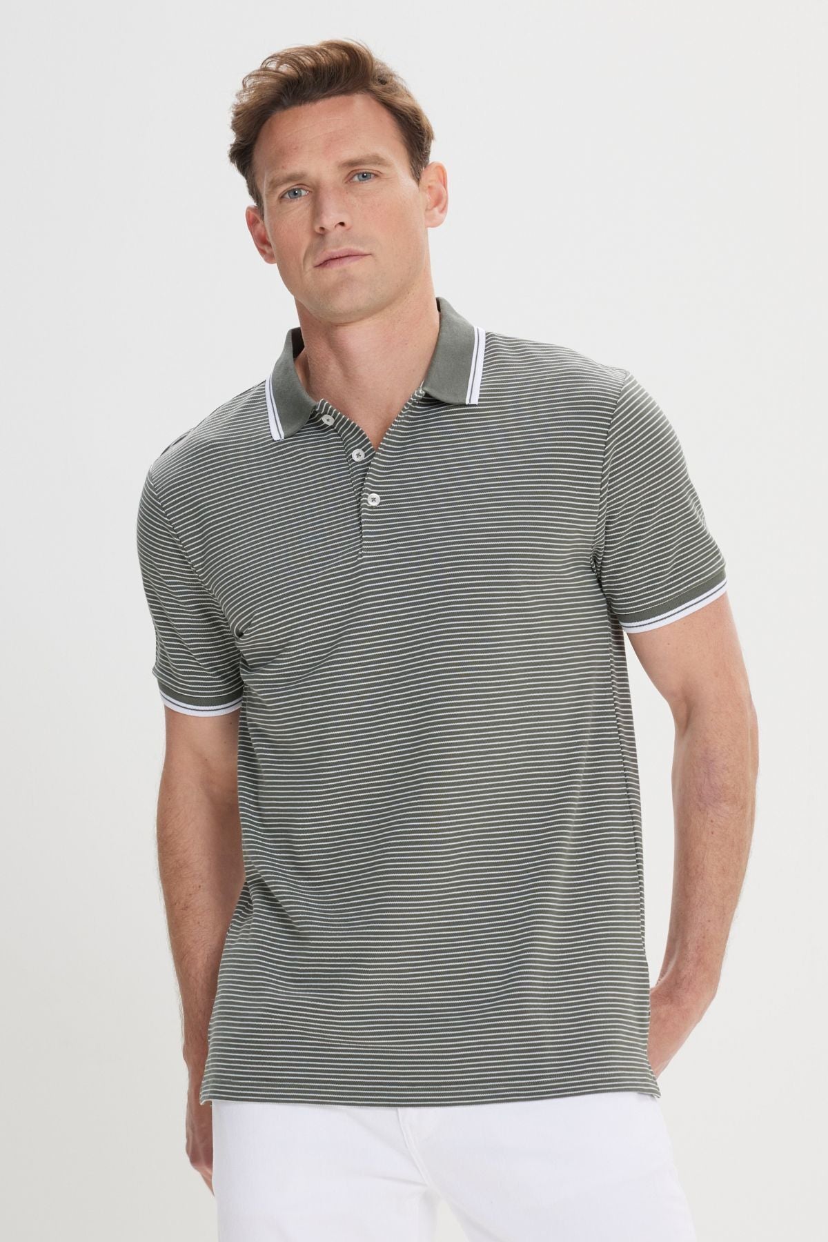 Men's Khaki-White Slim Fit Narrow Cut Cotton striped Polo Yaka T-shirt