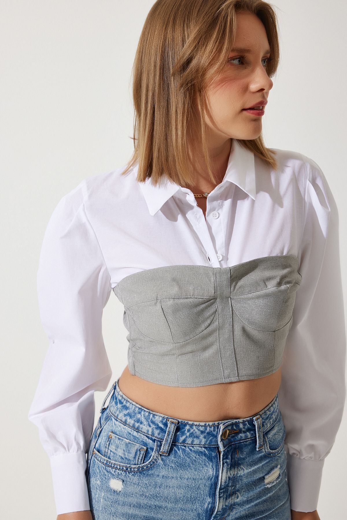 Woman White Gray Block Color Crop Shirt Blouse RG00032