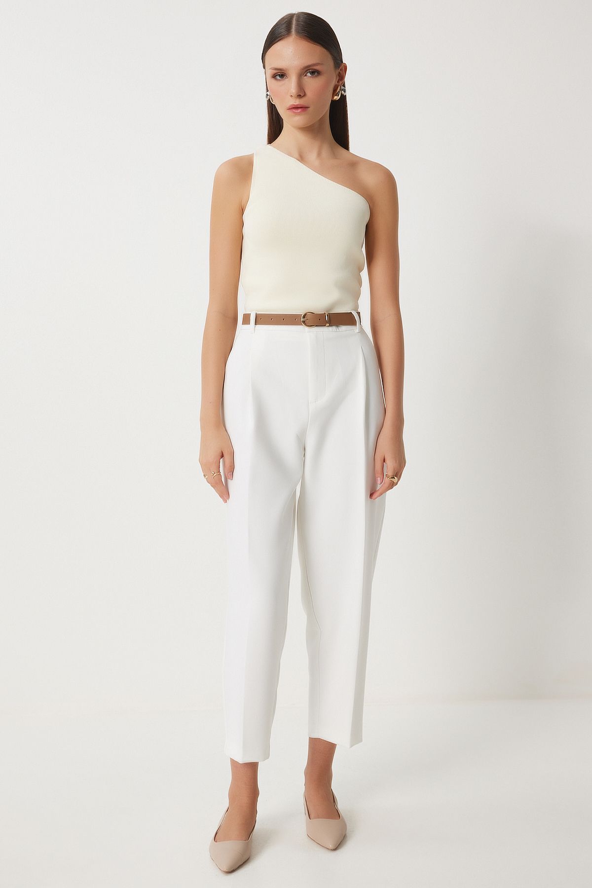 Women's Cream Single Shoulder Wrapping knitwear blouse FN03208