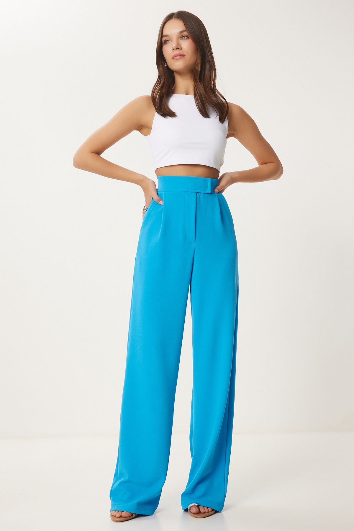 Women's Blue Waist Call Casual Woven Pants RV00150