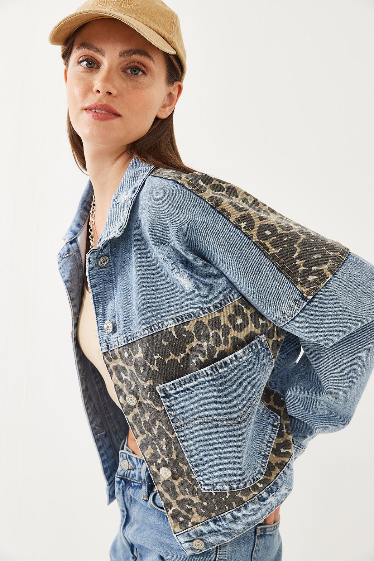 Women's leopard detailed denim jacket 60351014