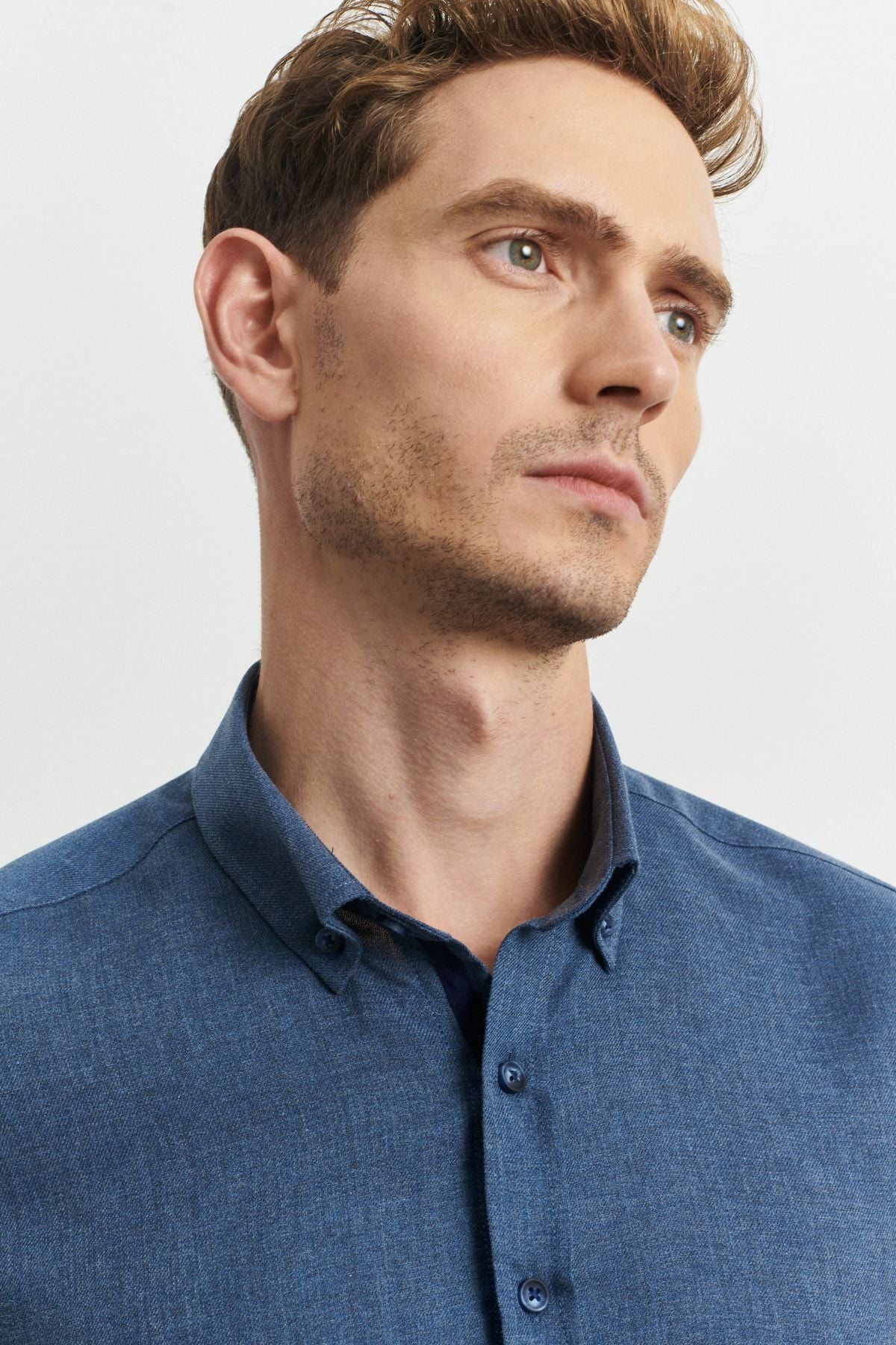 Men's Indigo slim fit narrow cut buttoned collar flannel wood shirt