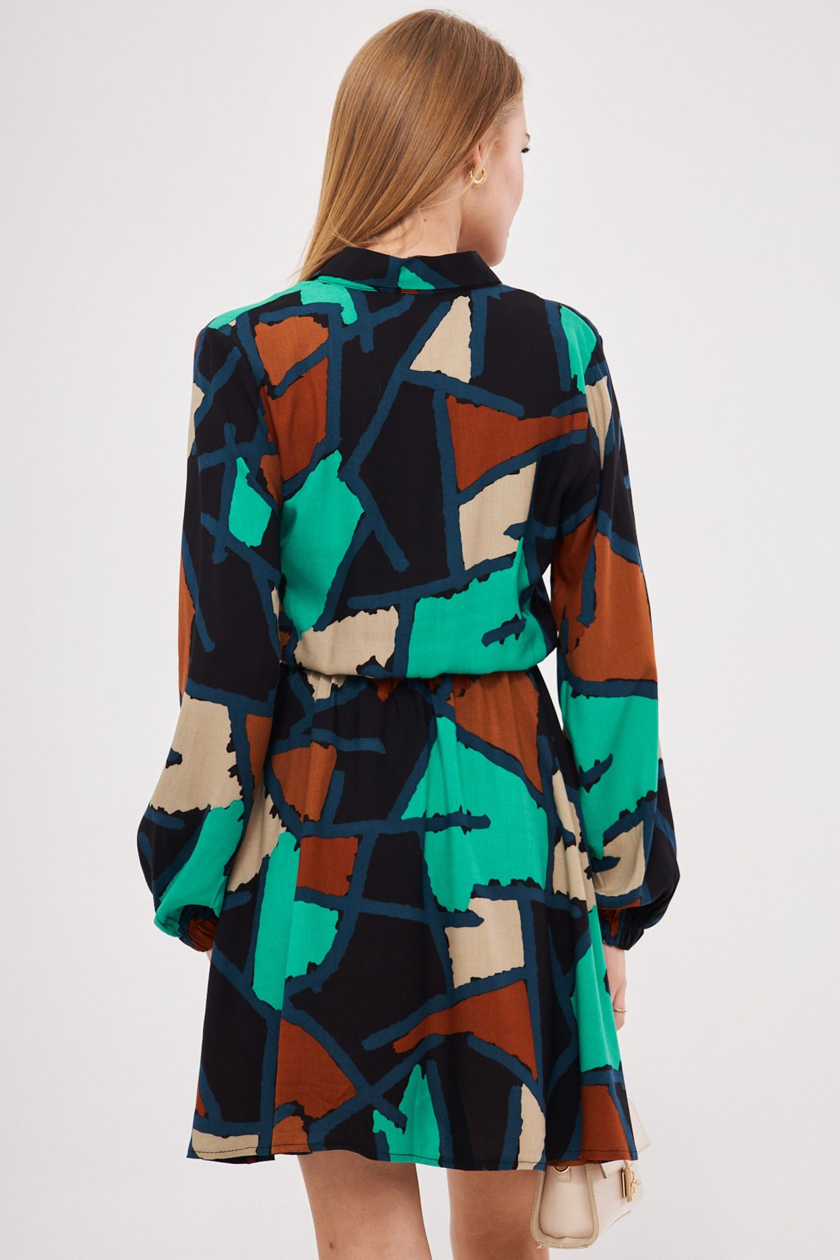 Female turquoise shirt collar detailed waist arm tire closes dress ARM-25K001043