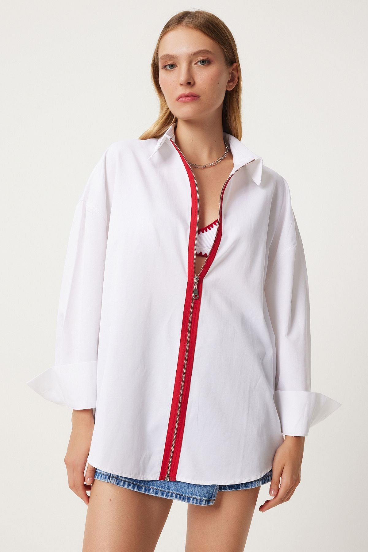 Woman White Red Contrast Ribbon Zippered Flot Flot FN03263