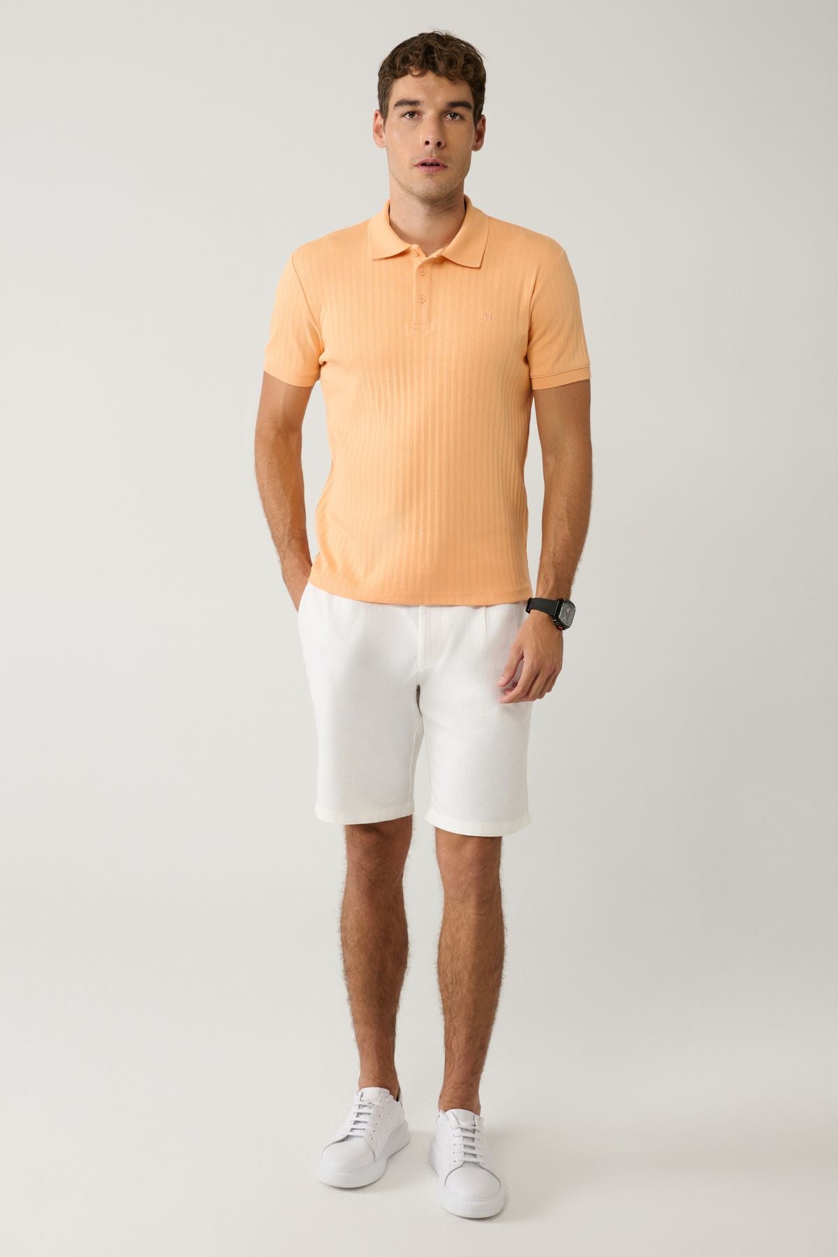 Men's Open Orange 100 %Cotton 3 Buttoned Jacquard Polo Yaka T-shirt A41y1354