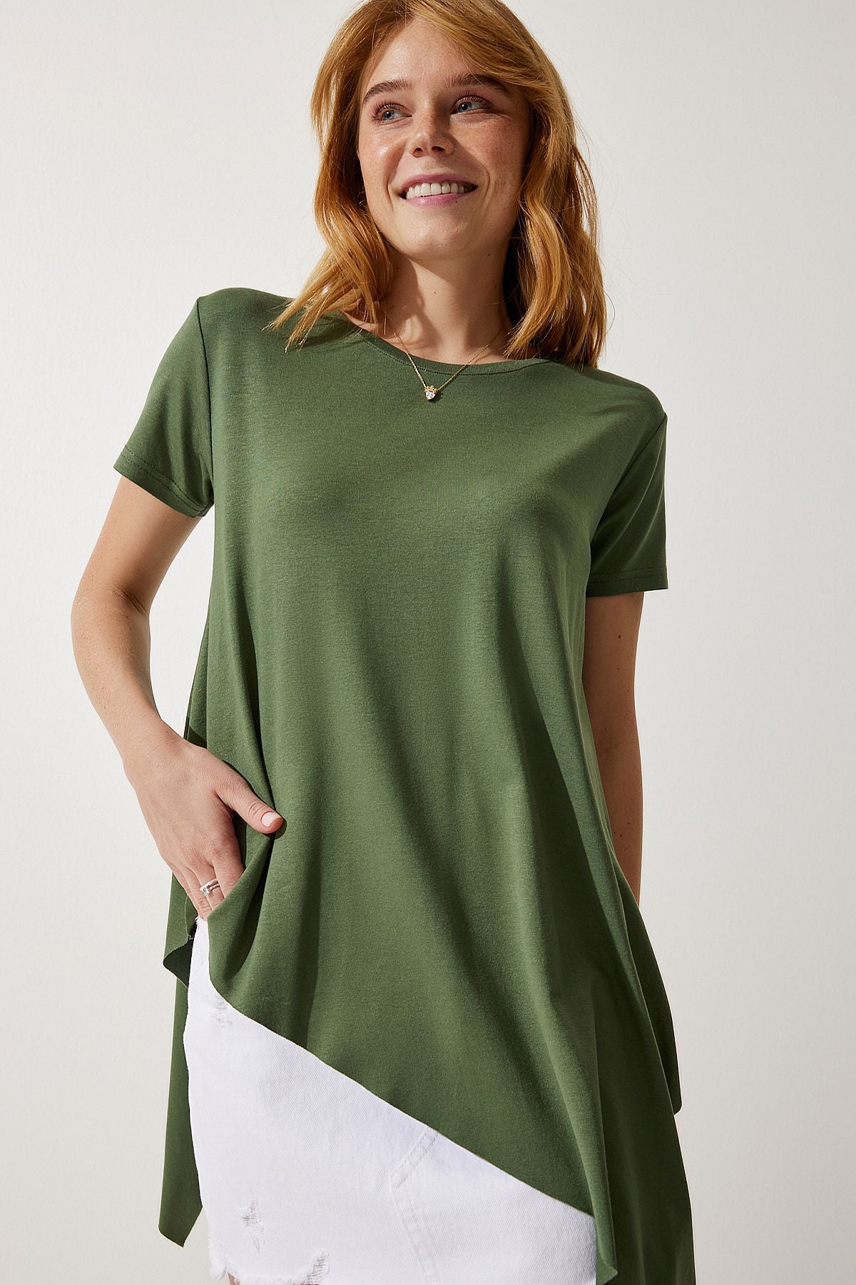 Woman Khaki Asymmetric Viscose Knitting T-Shirt EN00599