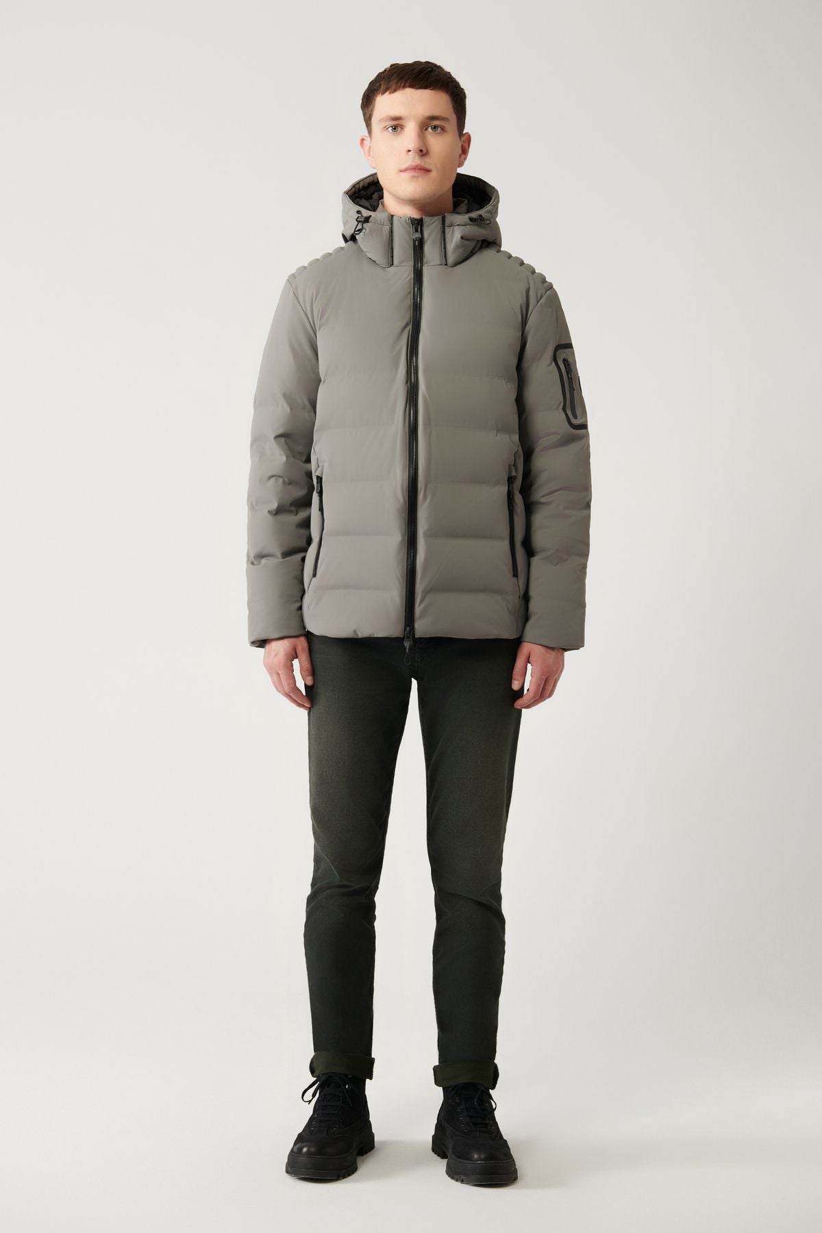 Men's gray swelling coat goose feather water repulsive windproof thermometer removable hooded comfort