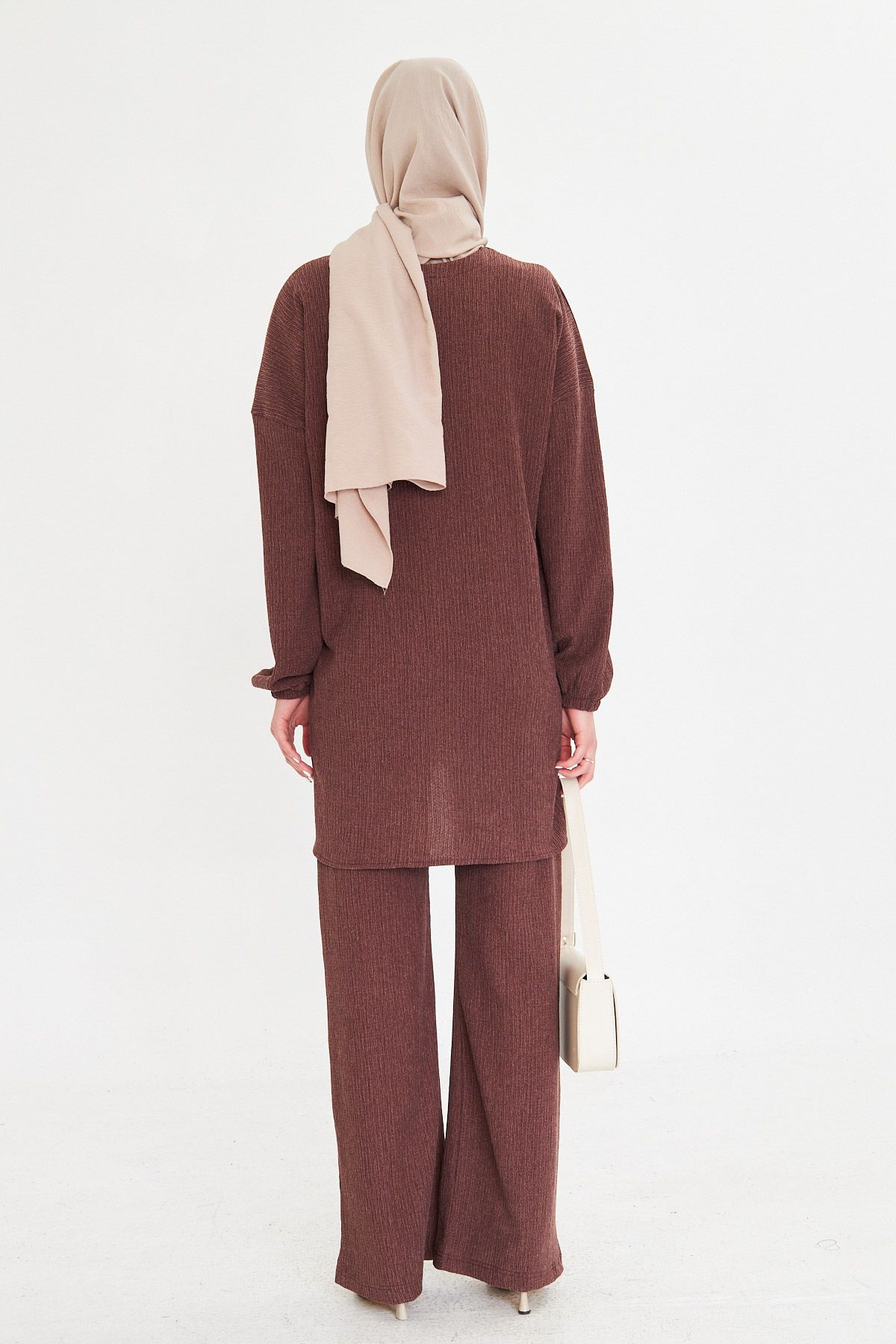 Women's coffee zero collar sleeve tire as well as slit pants hijab double set ARM-25K001109