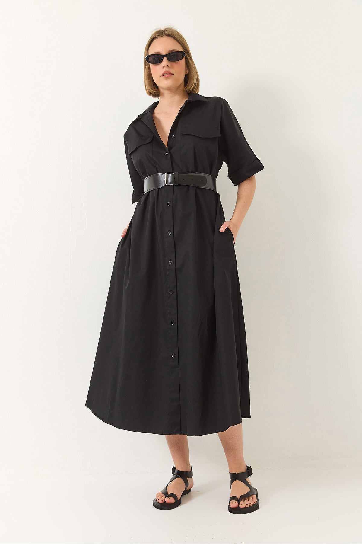 Women's Button Closure Pocket Detailed Belted Poplin Shirt Dress 60283191