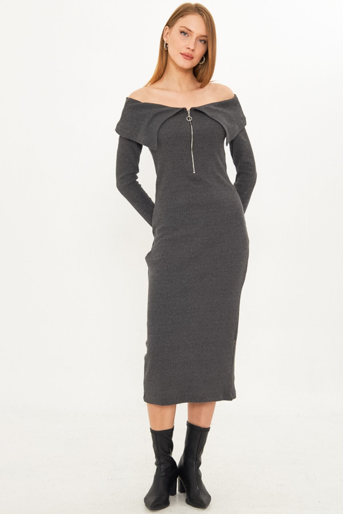 Female anthracite low shoulder front zipper slit midi height knitwear dress ARM-25K001089