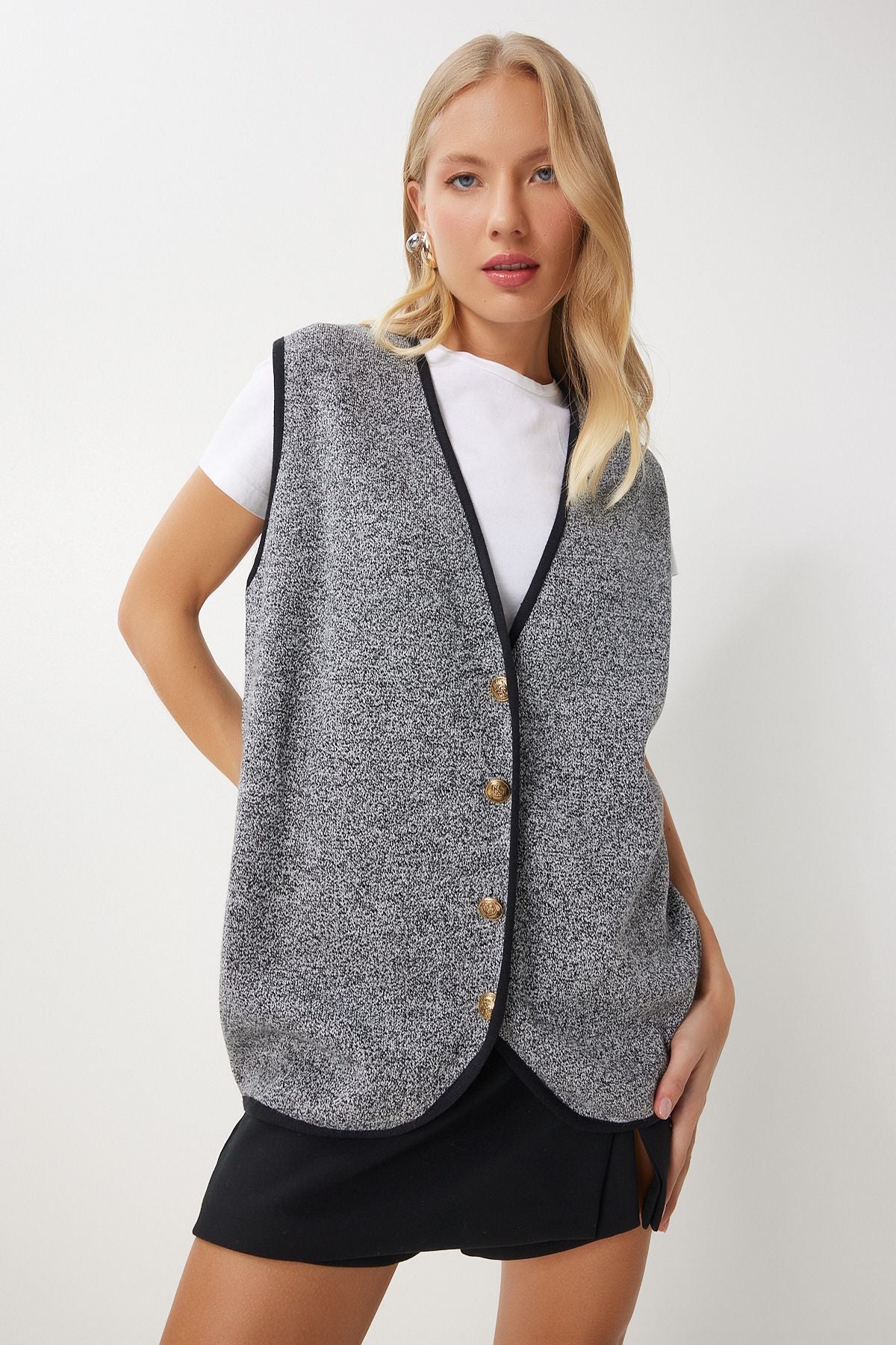 Woman Dark Gray button knitwear vest US00928