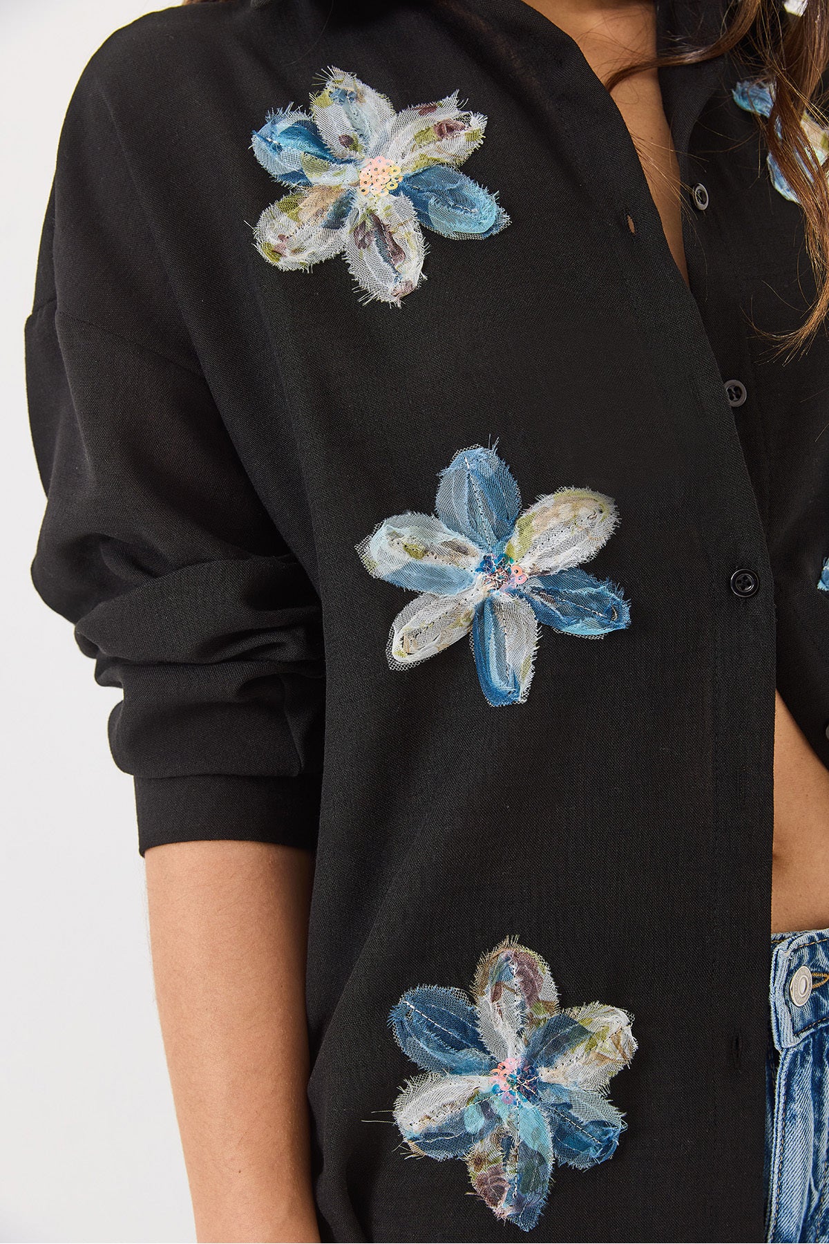 Women's Tulle Flower Accessory Long Sleeve Cotton Shirt 6526 60283057