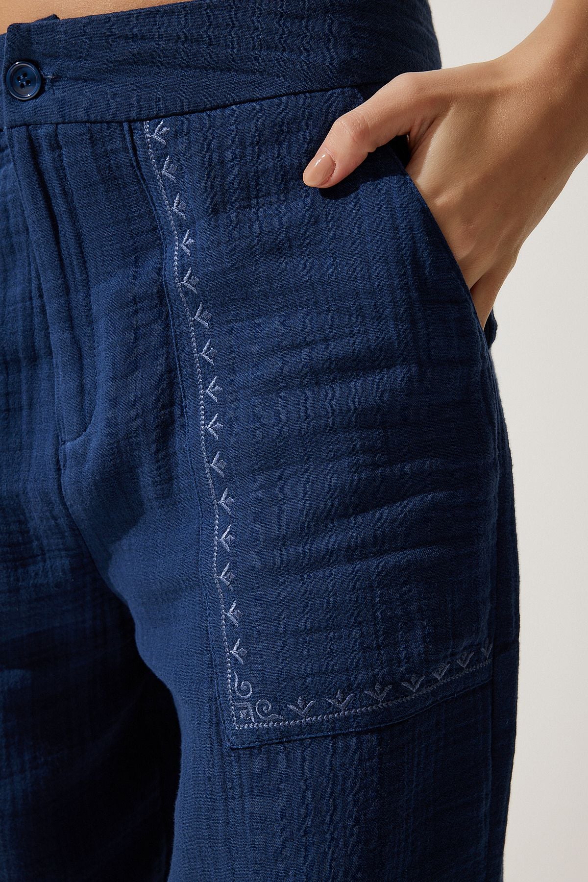 Female navy blue embroidery detailed Muslin Pants SF00019