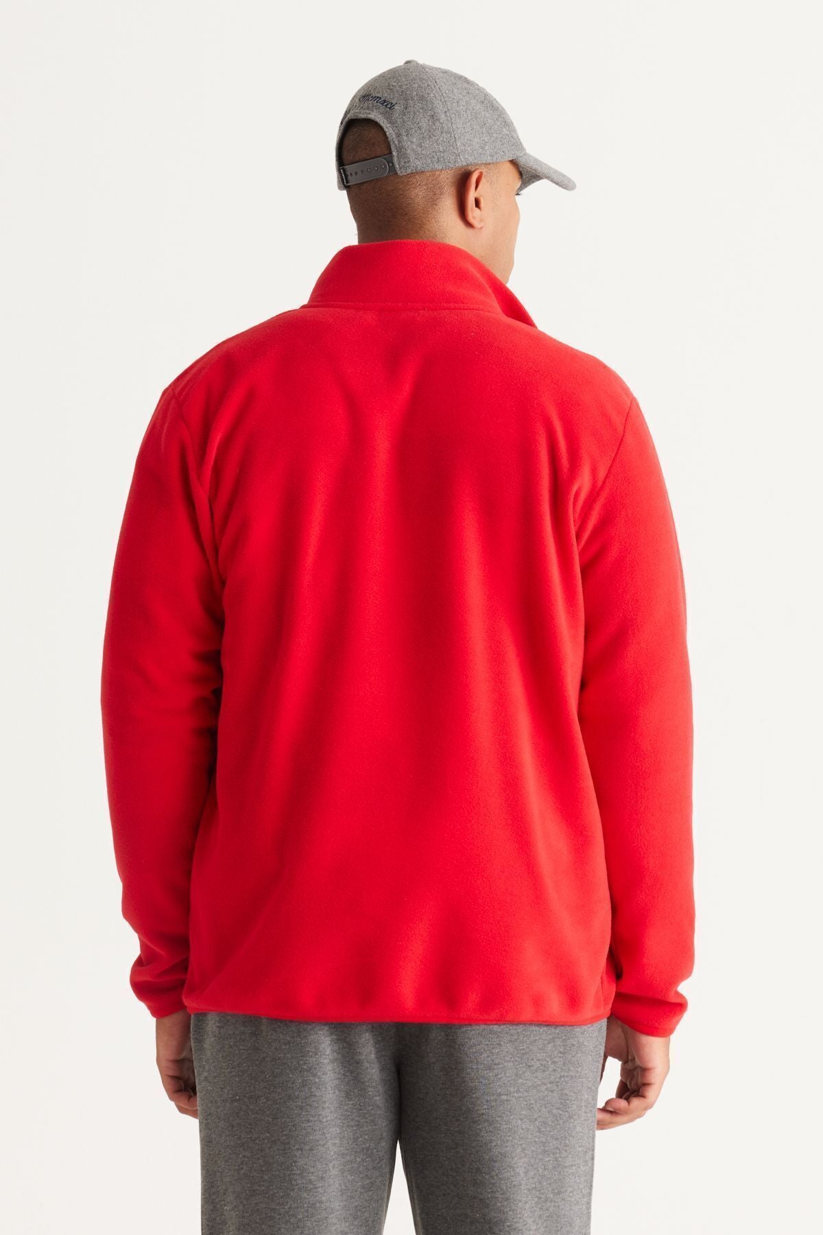 Men's Red Standard Fit Normal Cutting Cold -Performing Roring Neckline Polar Sweatshirt Jacket