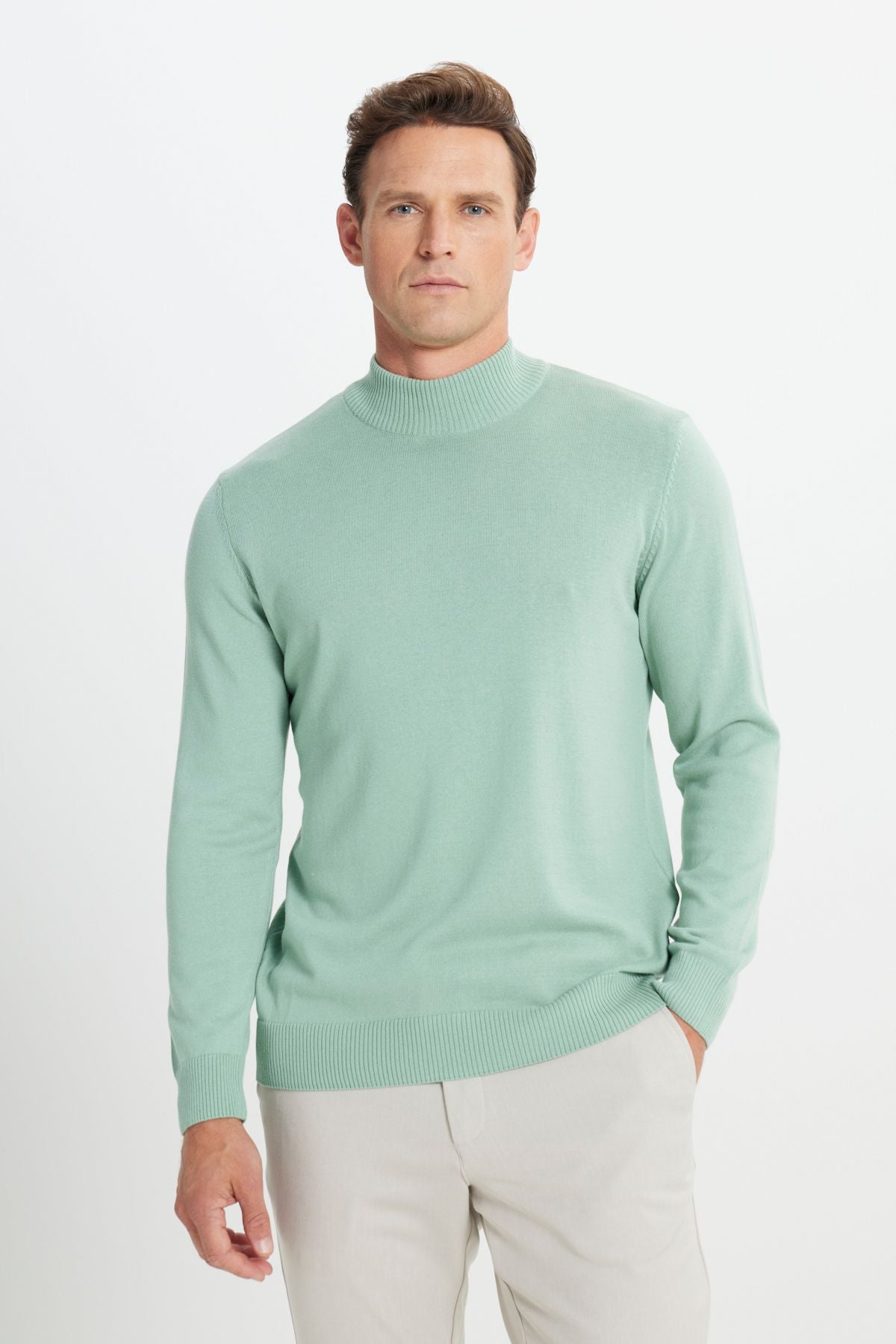 Men's Water Green Standard Fit Normal Cut Half Fisherman Collar Cotton Knitwear Sweater