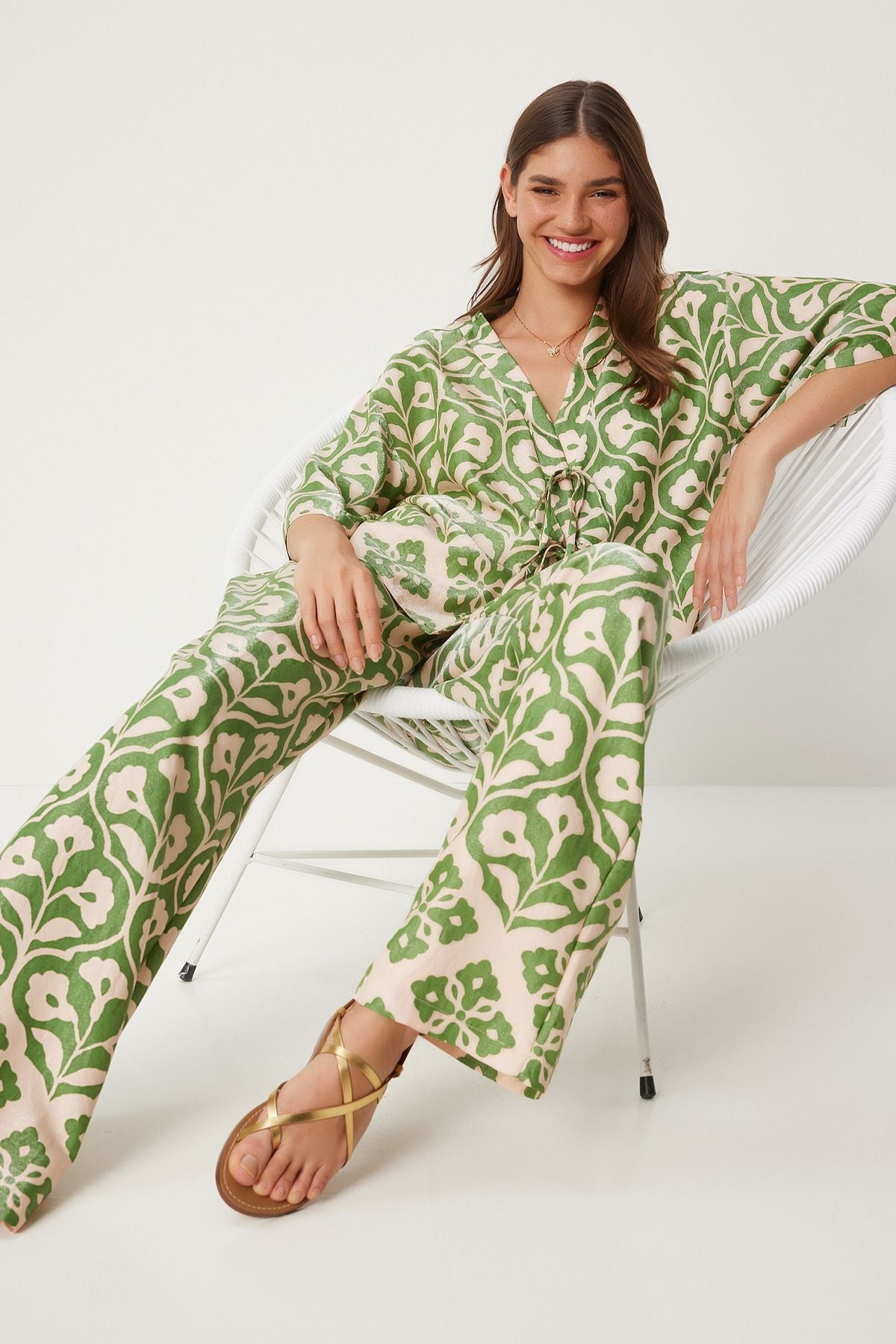 Female Green Cream Patterned Viscose Blouse Palazzo Set FN03278