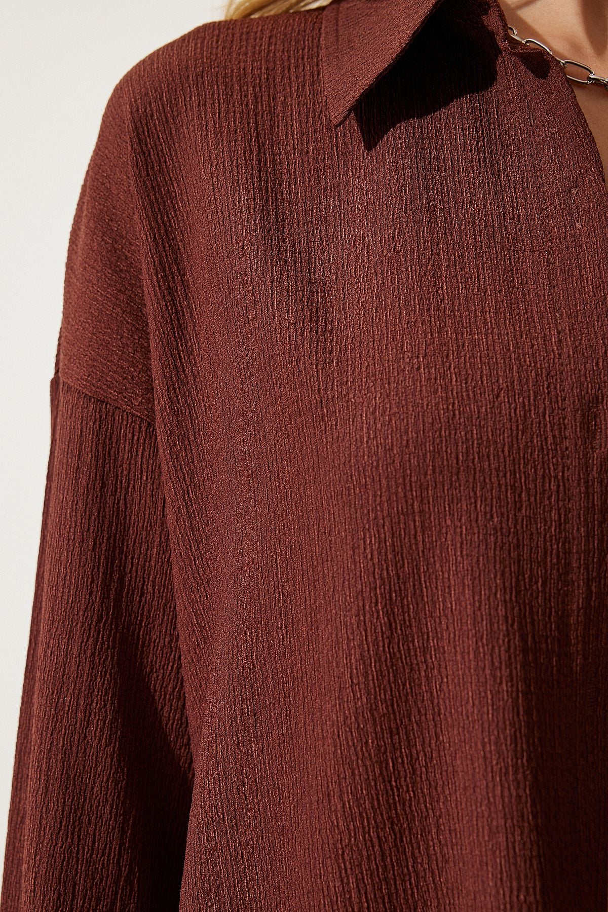 Female brown comfortable knitted shirt pants set KH00090