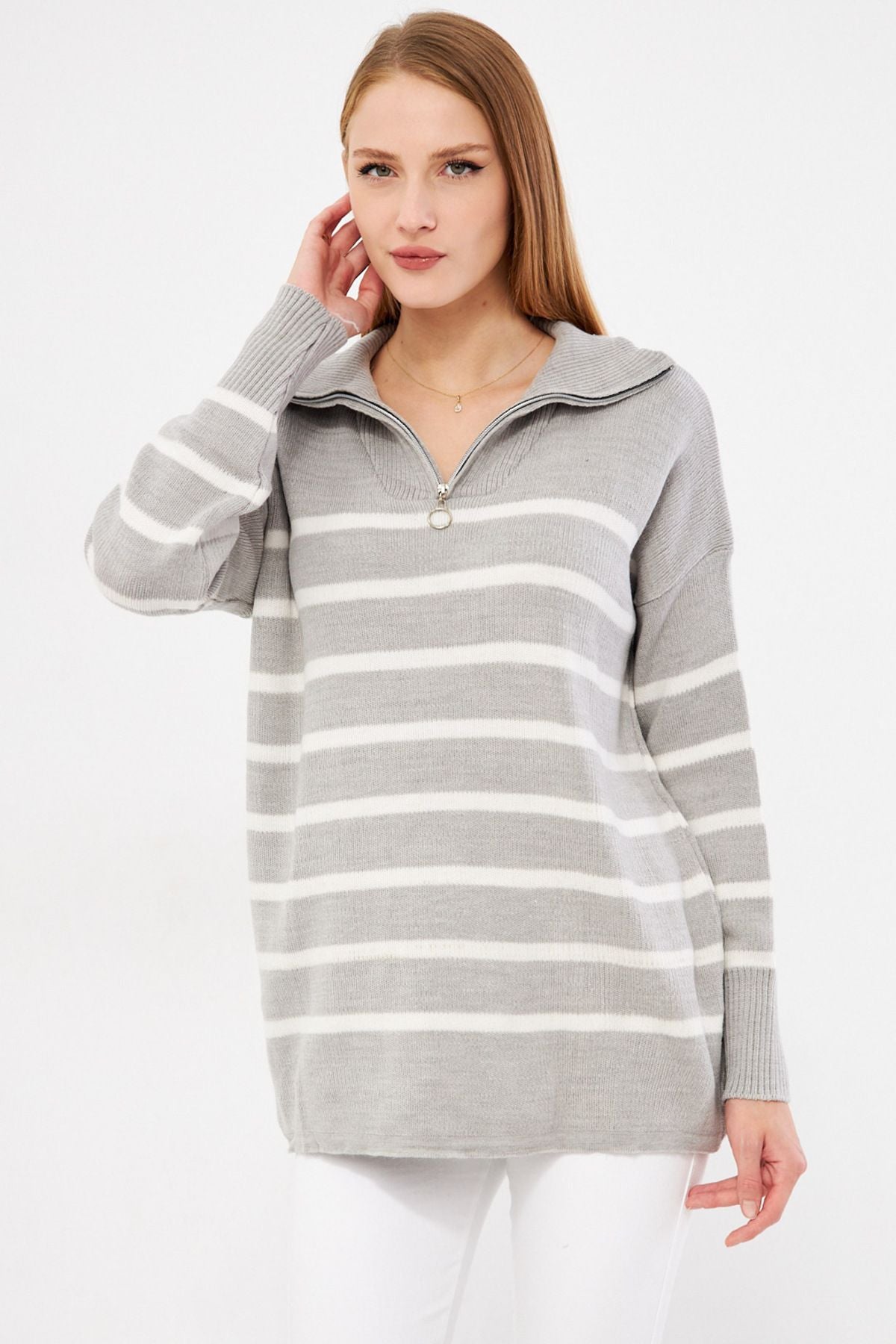 Women's gray zipper detailed striped knitwear sweater ARM-25K069007