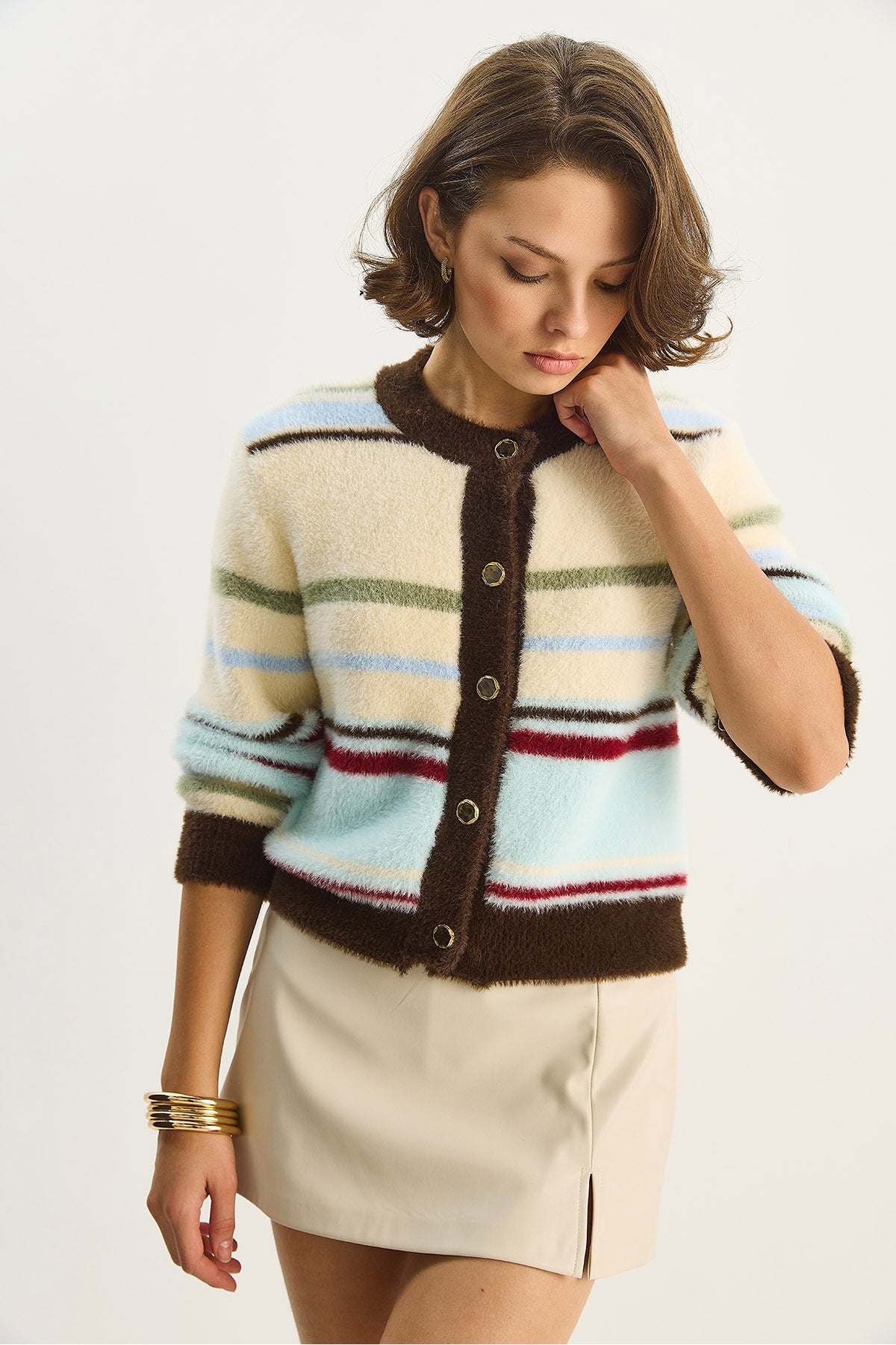 Women's Very Soft Textured Striped Knitwear Cardigan 2499 60283677