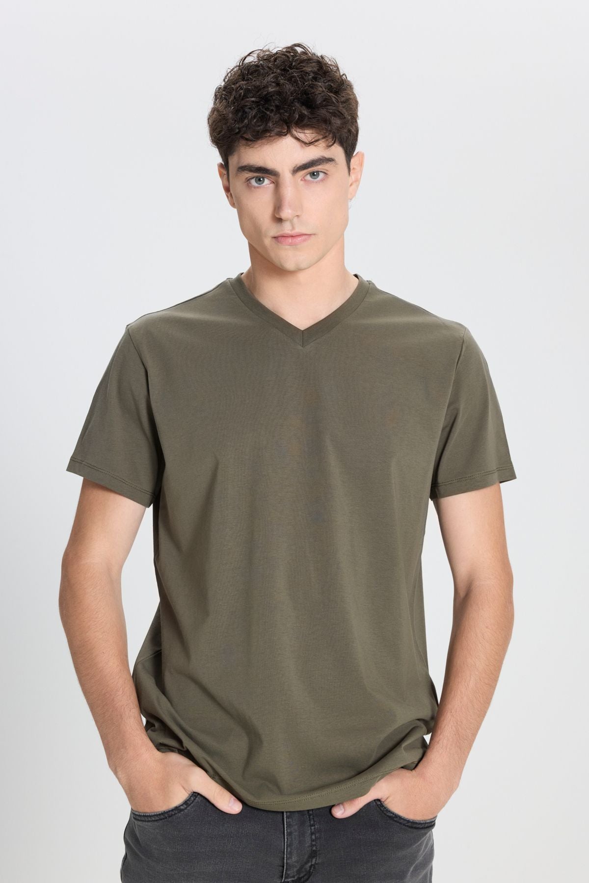 Male 100 %Cotton V -Neck Khaki Khaki Slim Fit Narrow Cut T -shirt