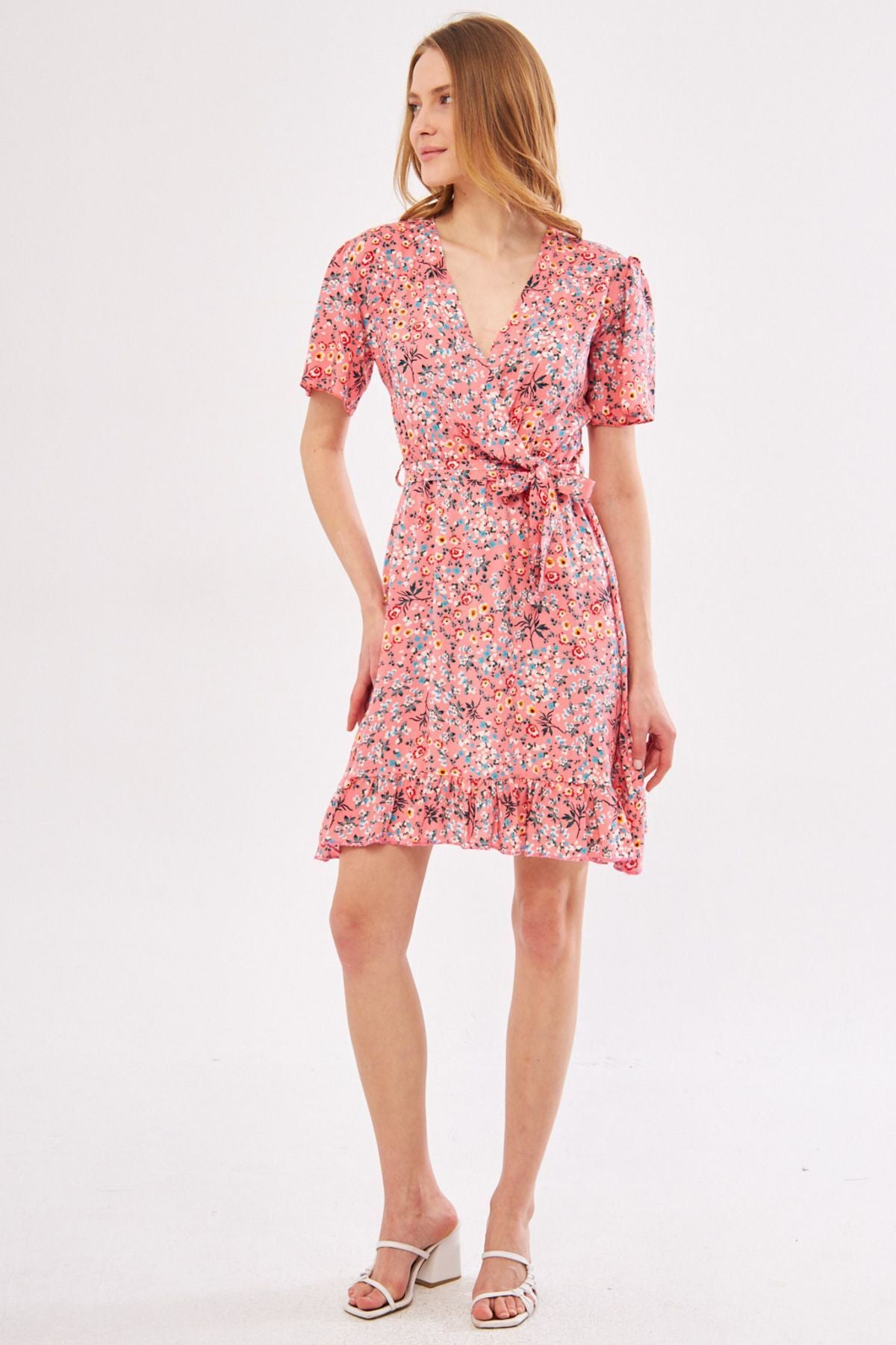 Woman Pink Tessera Dress Cruve Yaka Skirt Ruffed Patterned Mini Boy ARM-24Y001024