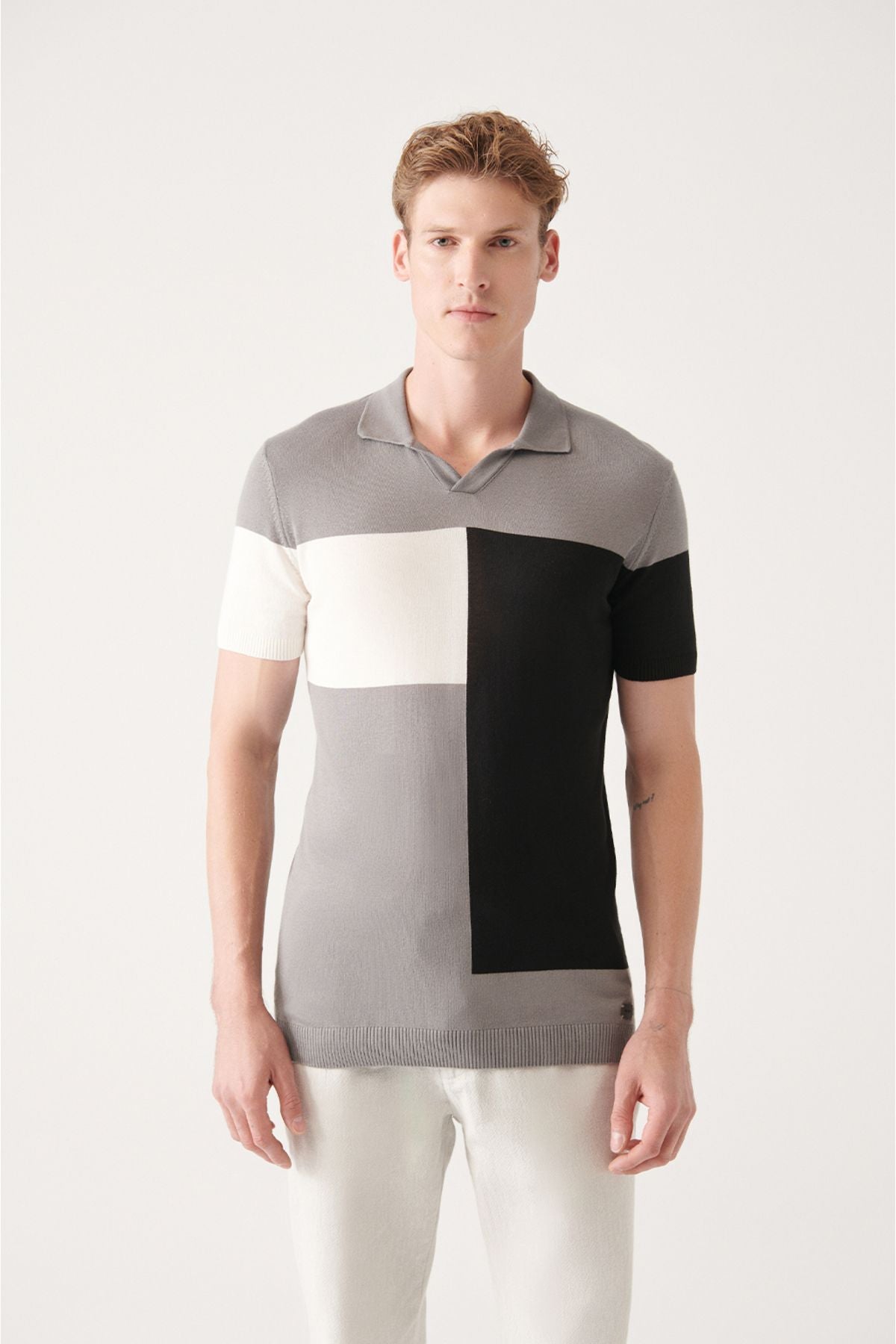 Men's Gray Cotton Block Color Polo Yaka Triko T-Shirt A31y5126