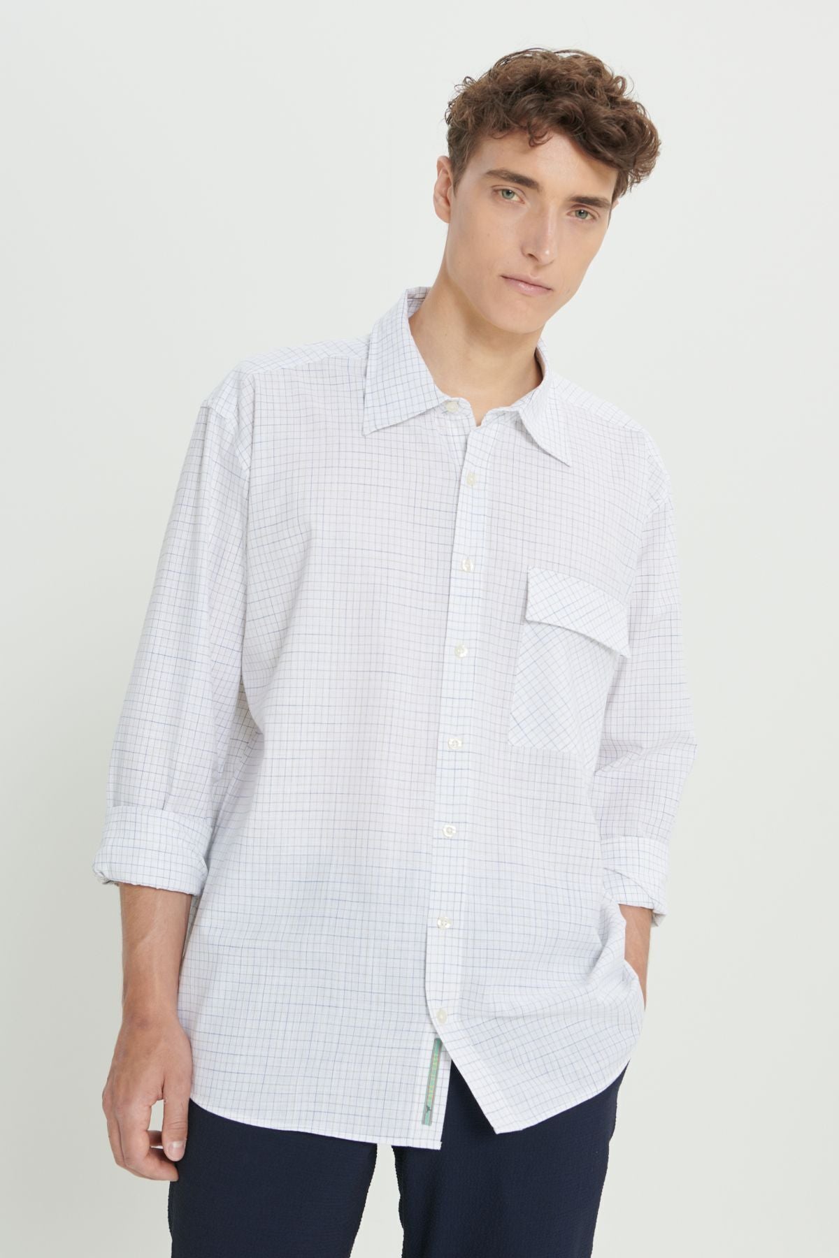 Men's White-Blue 100 %Cotton Oversize Plenty Cutter Classic Collar Checkered Shirt