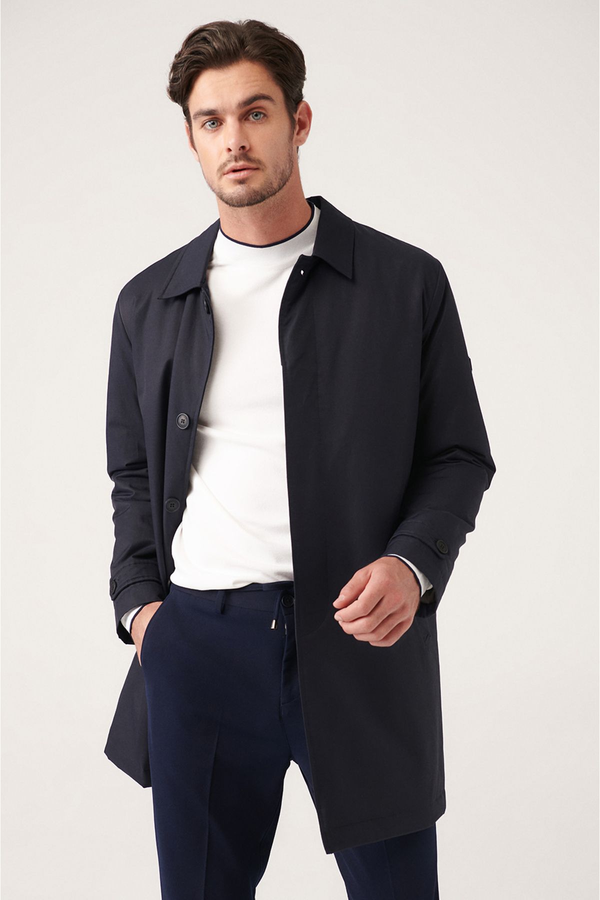 Men's Navy blue Classic collar Capitoneli Water Protector Trench coat A31y6000