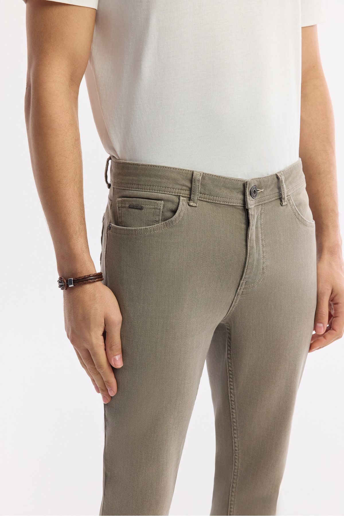 Men's Beige Stone Wash Knitting Slim Fit Denim Trousers A51y3516