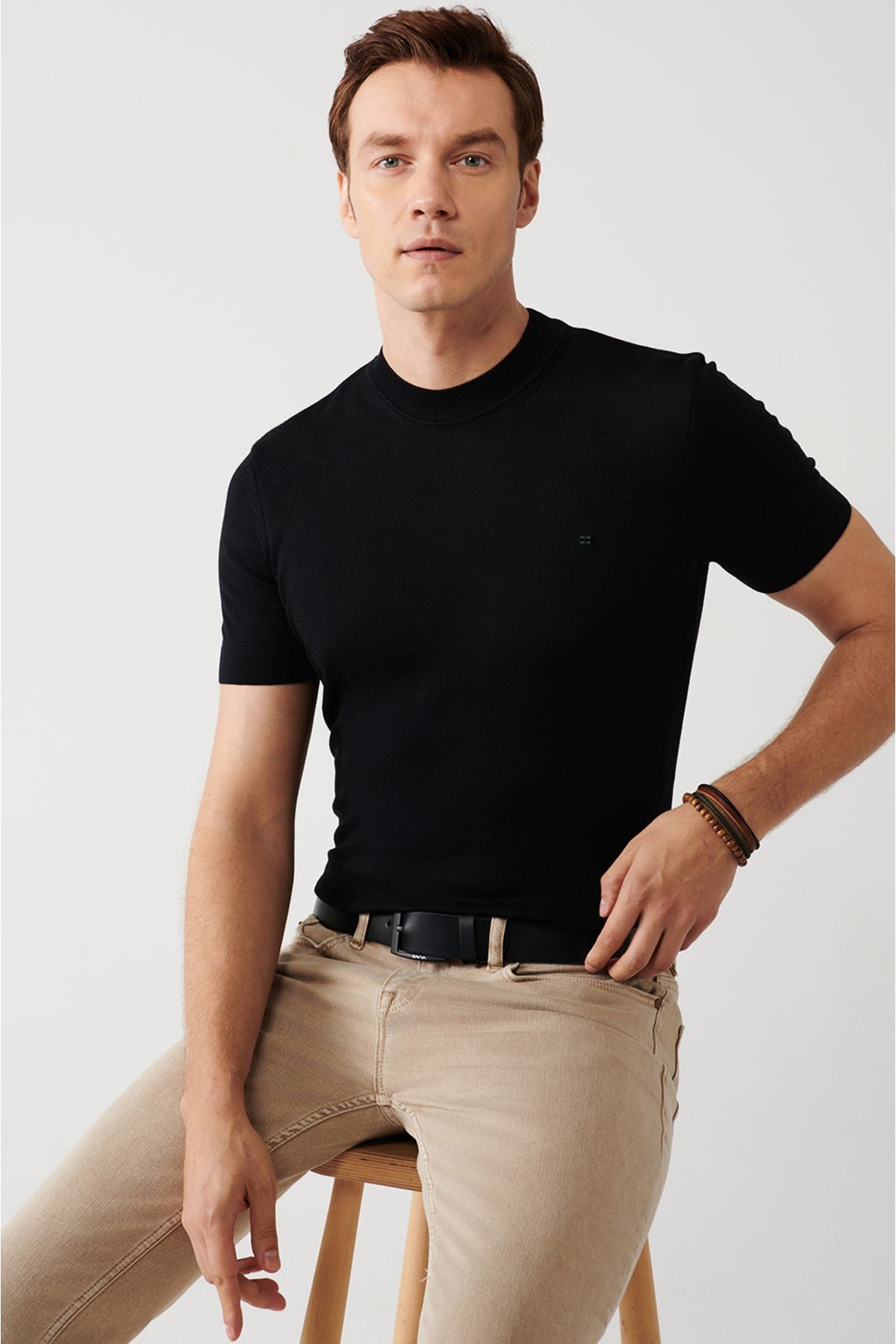 Men's black half fisherman collar short sleeve knitwear t-shirt B005025
