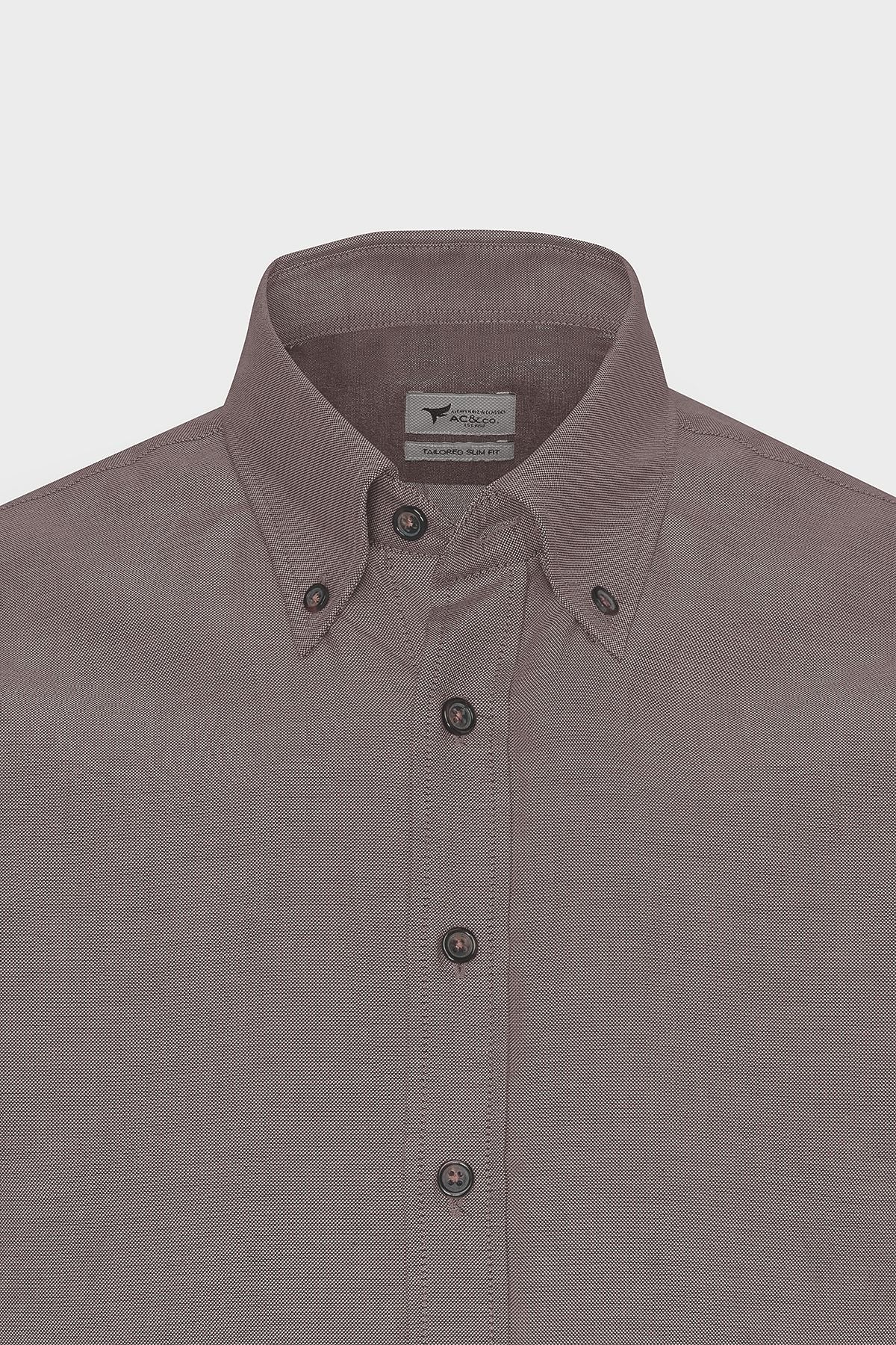 Men's Oxford Brown button collar easily ironed cotton slim fit narrow cut shirt
