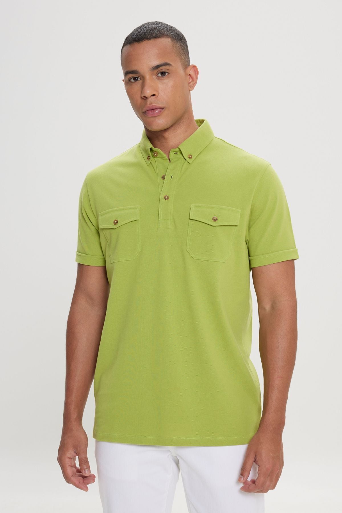 Men's Peanut Green 100 %Cotton Slim Fit Narrow Cut Polo Yaka T -shirt