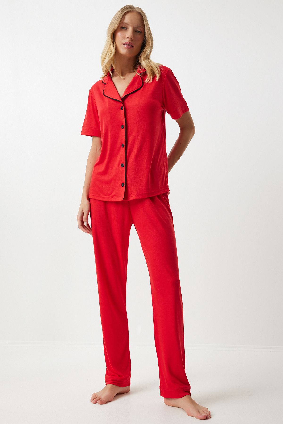 WOMEN'S RED BIE DETAILED SHIRT Pants Pajama Set EC00038