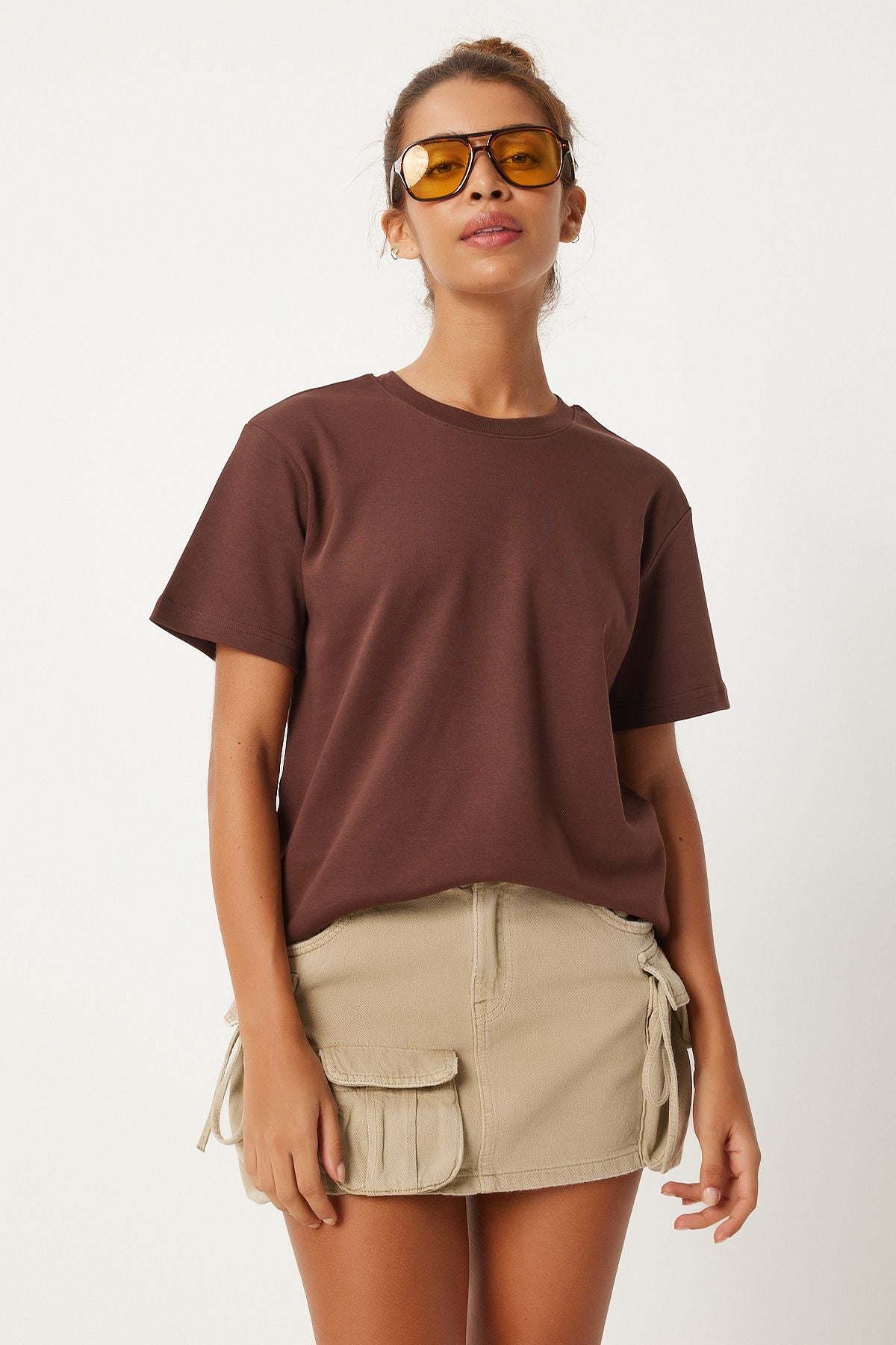 Female Brown Bicycle Collar 100 %Cotton Combed T-Shirt FN03265