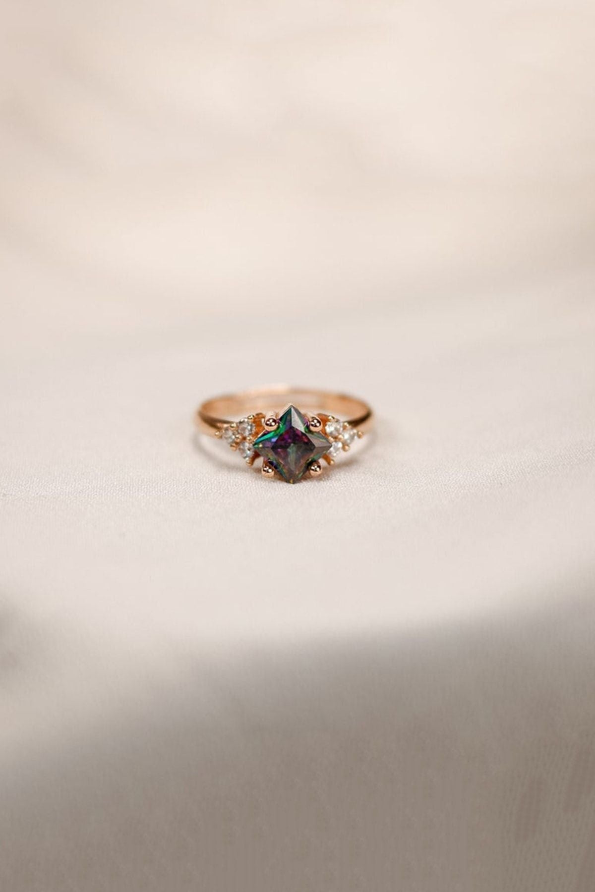 Woman Pink Square Mystical Topaz Stone Adjustable 14 K Gold Plated Ring