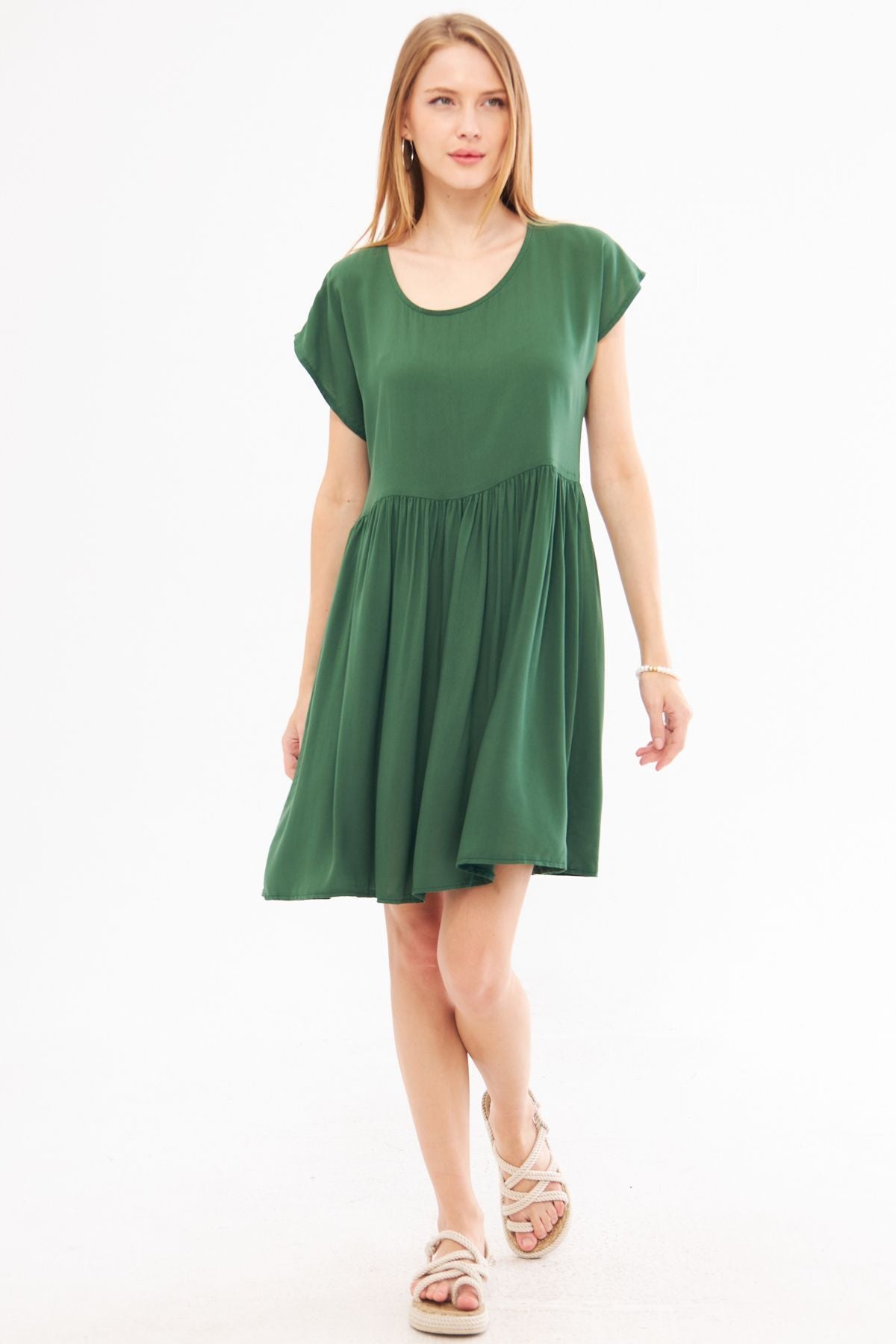 Woman Dark Green Waist Shirred Mini Dress ARM-24Y001090