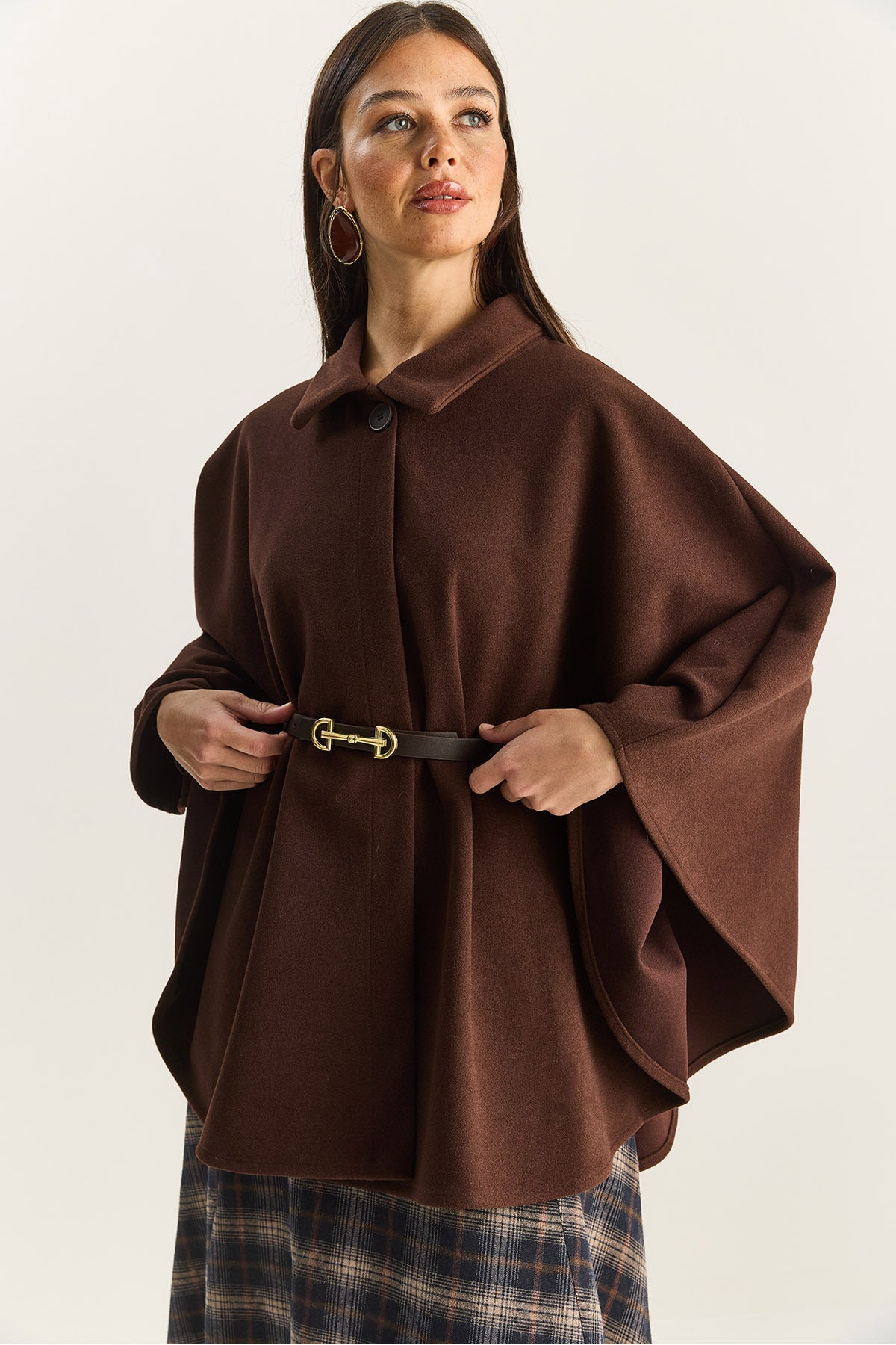 Women's Collared Single Button Detailed Belted Stash Poncho 9170 60283812