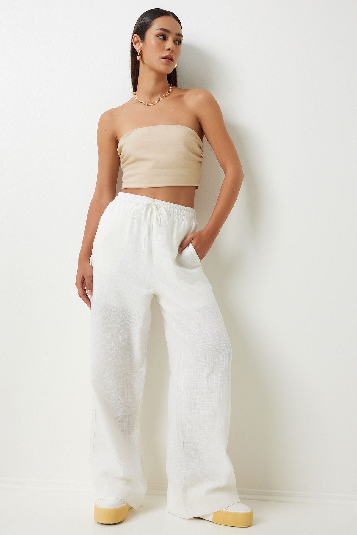 Women's white abundant cut linen pants DP00205