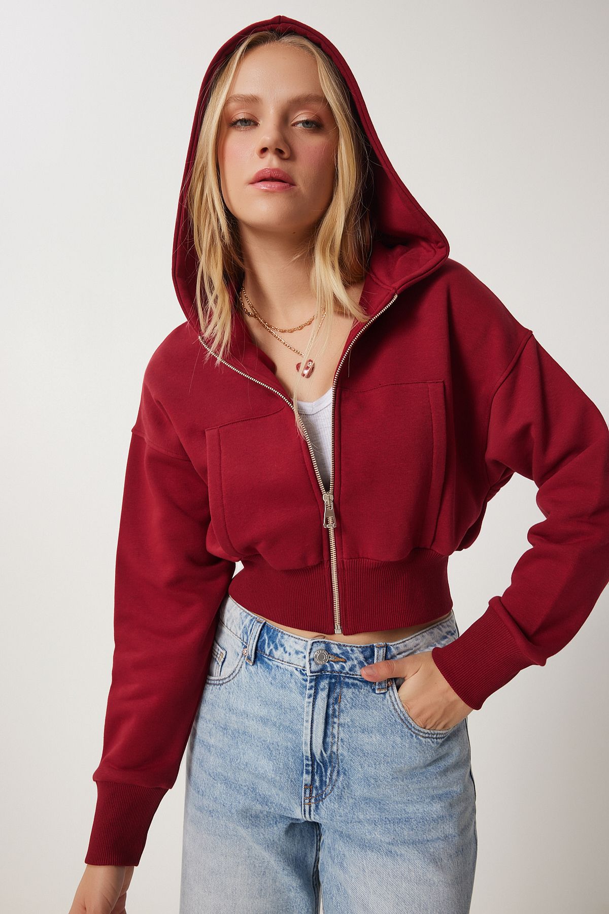 Female Bordeaux Hooded Sweatshirt with Zippered Zipper Ow00051