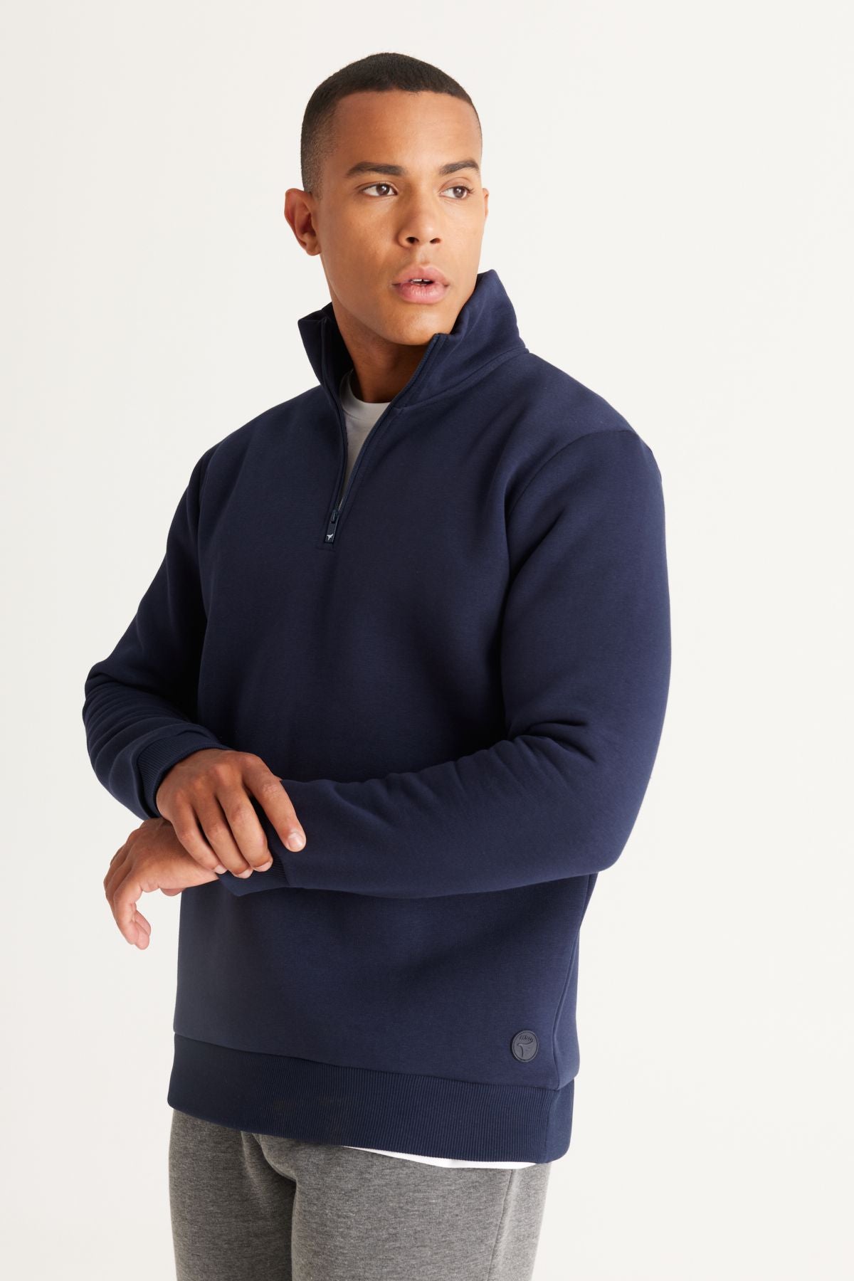 Men's Navy Blue Standard Fit Normal Cutting Içi Polar Plants Bato Yaka Cotton Sweatshirt