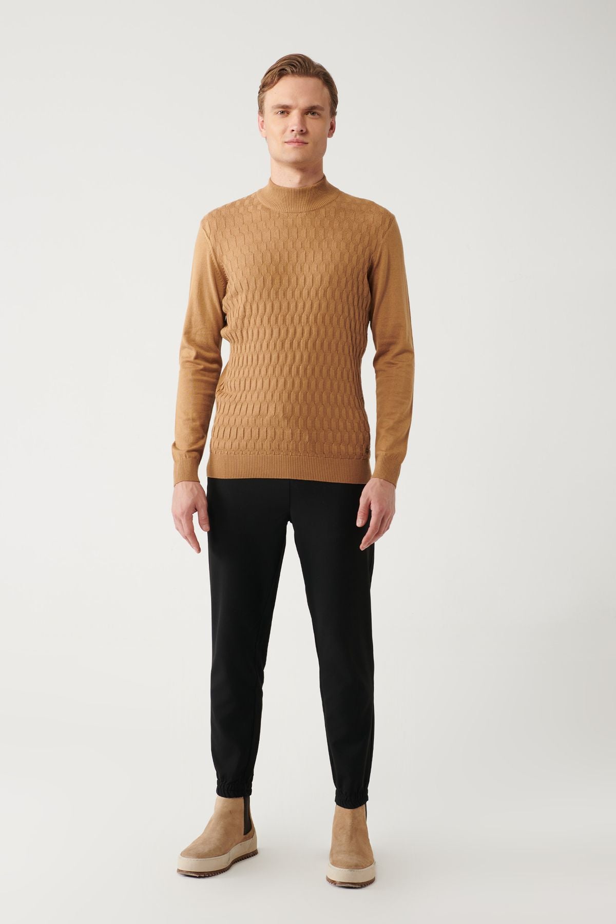 Men's camel half fisherman collar cotton knitwear sweater E005106